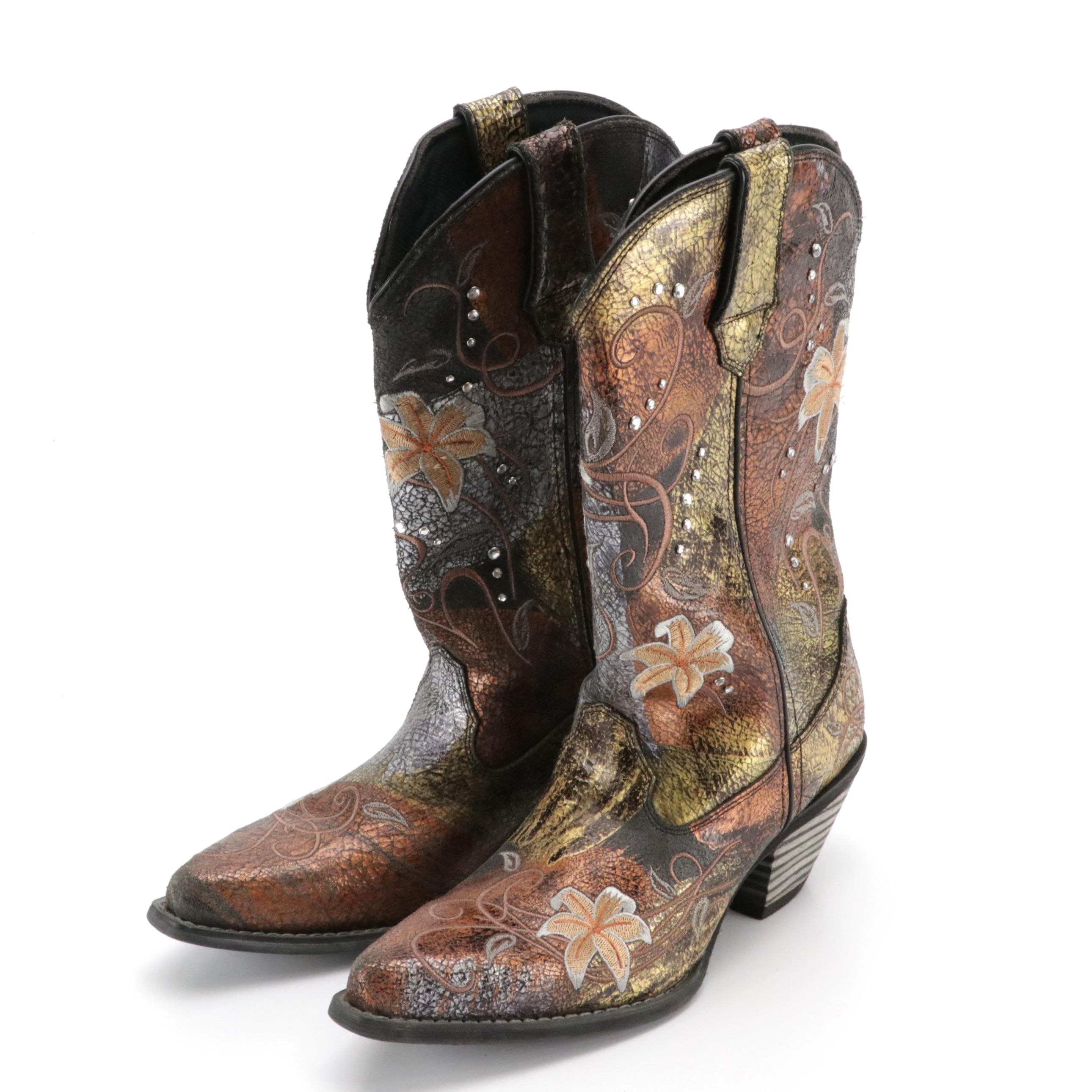 Durango "Crush" Floral Embroidered/Rhinestone Embellished Metallic Western Boots