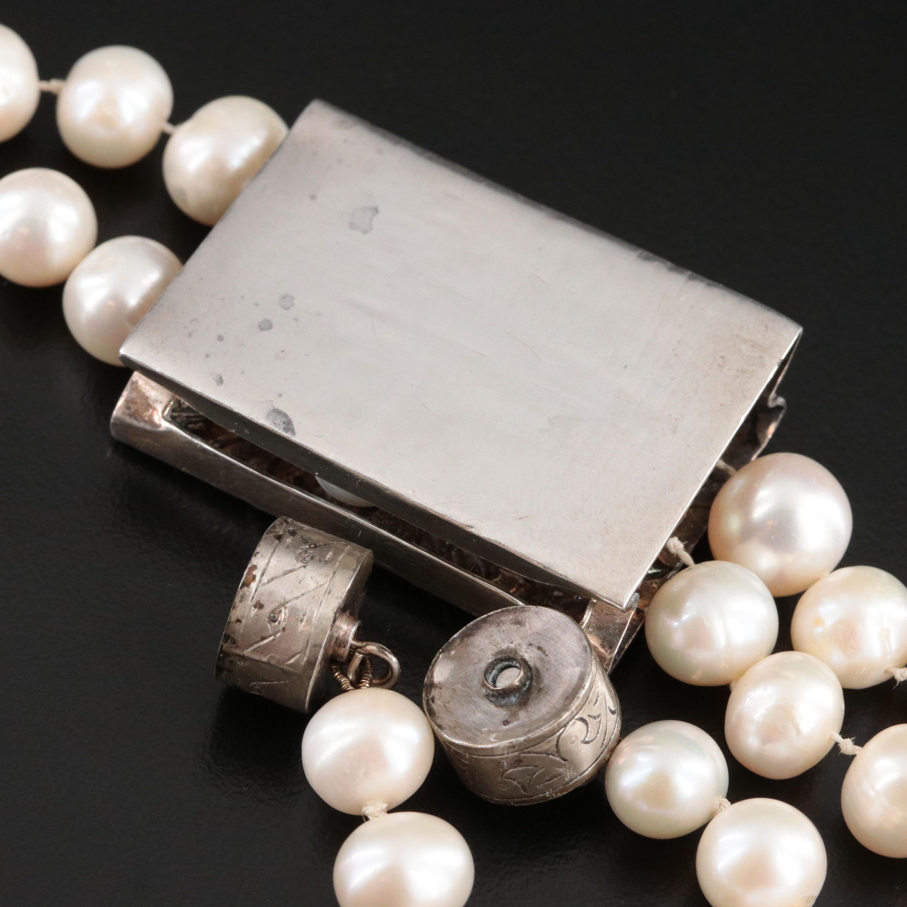 Pearl Lariat Necklace with Sterling Repoussé Floral Slide