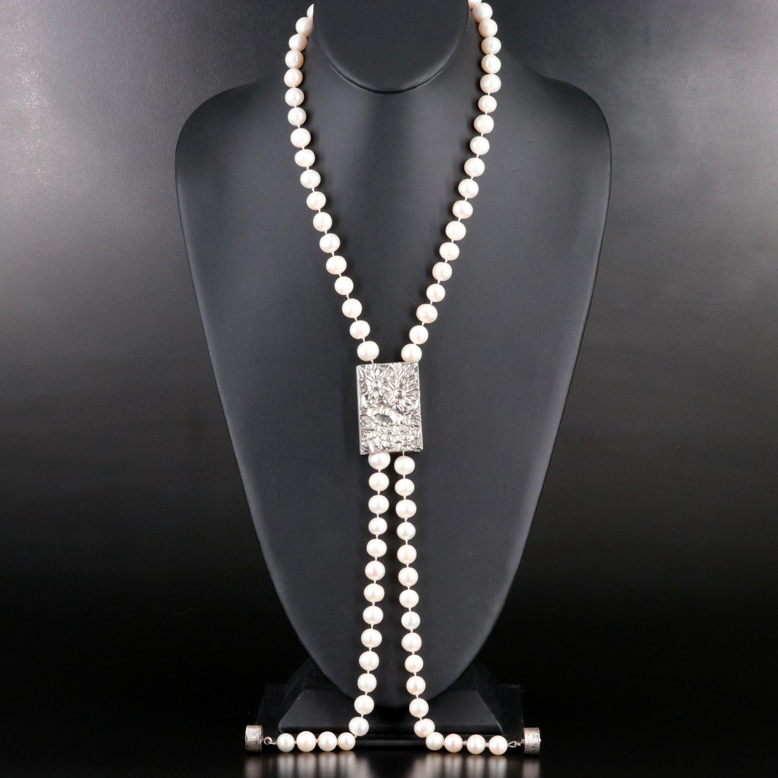 Pearl Lariat Necklace with Sterling Repoussé Floral Slide