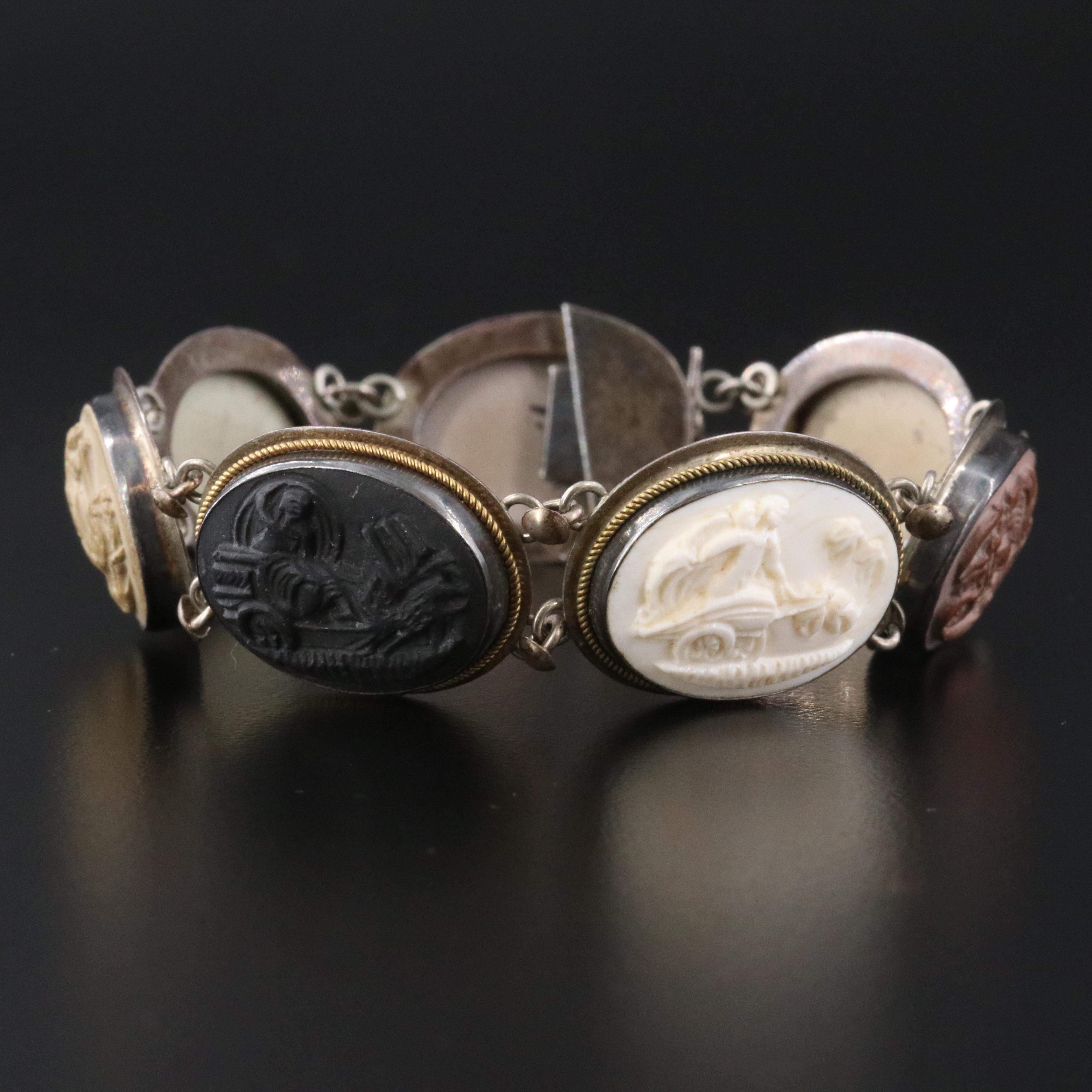 Vintage Italian 800 Silver Lava and Shell Cameo Days of the Week Bracelet