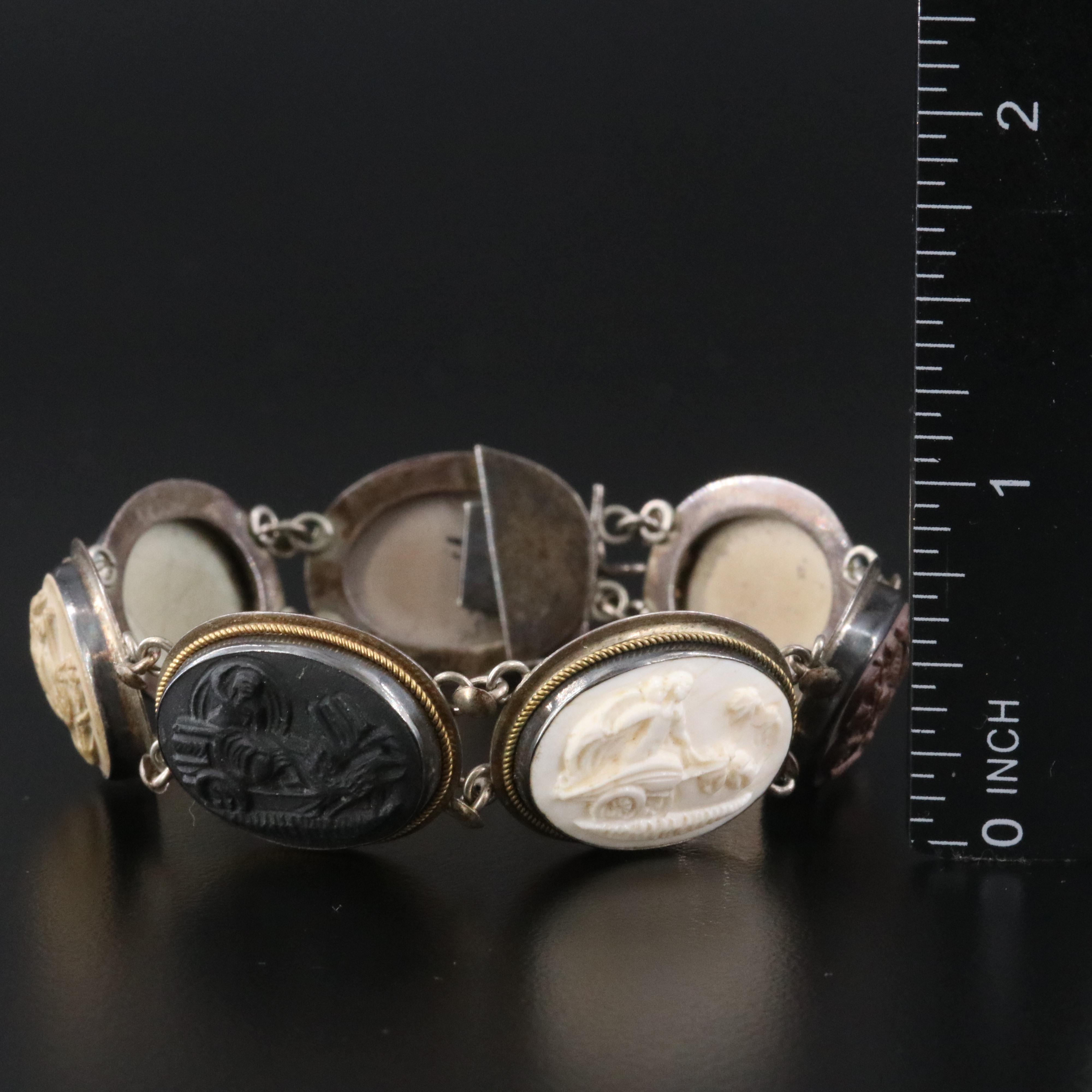 Vintage Italian 800 Silver Lava and Shell Cameo Days of the Week Bracelet