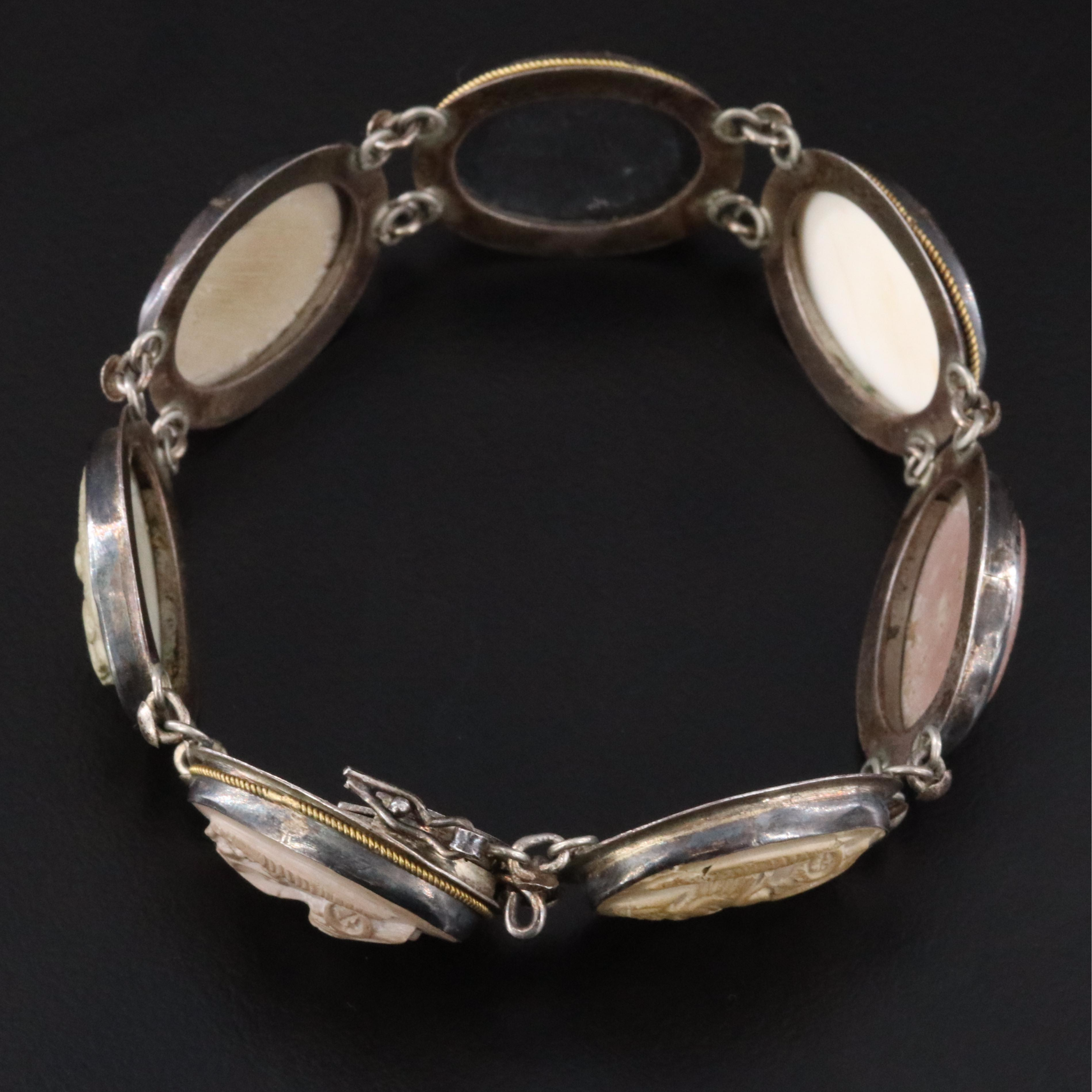 Vintage Italian 800 Silver Lava and Shell Cameo Days of the Week Bracelet