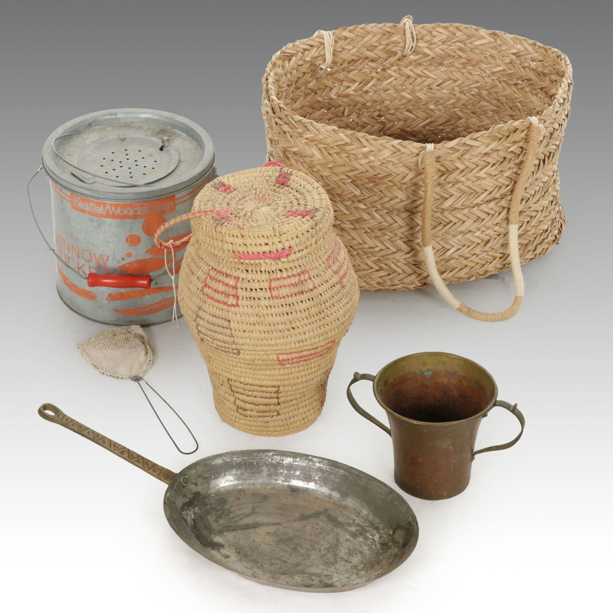 Woven Rattan Baskets, Copper Skillet & More