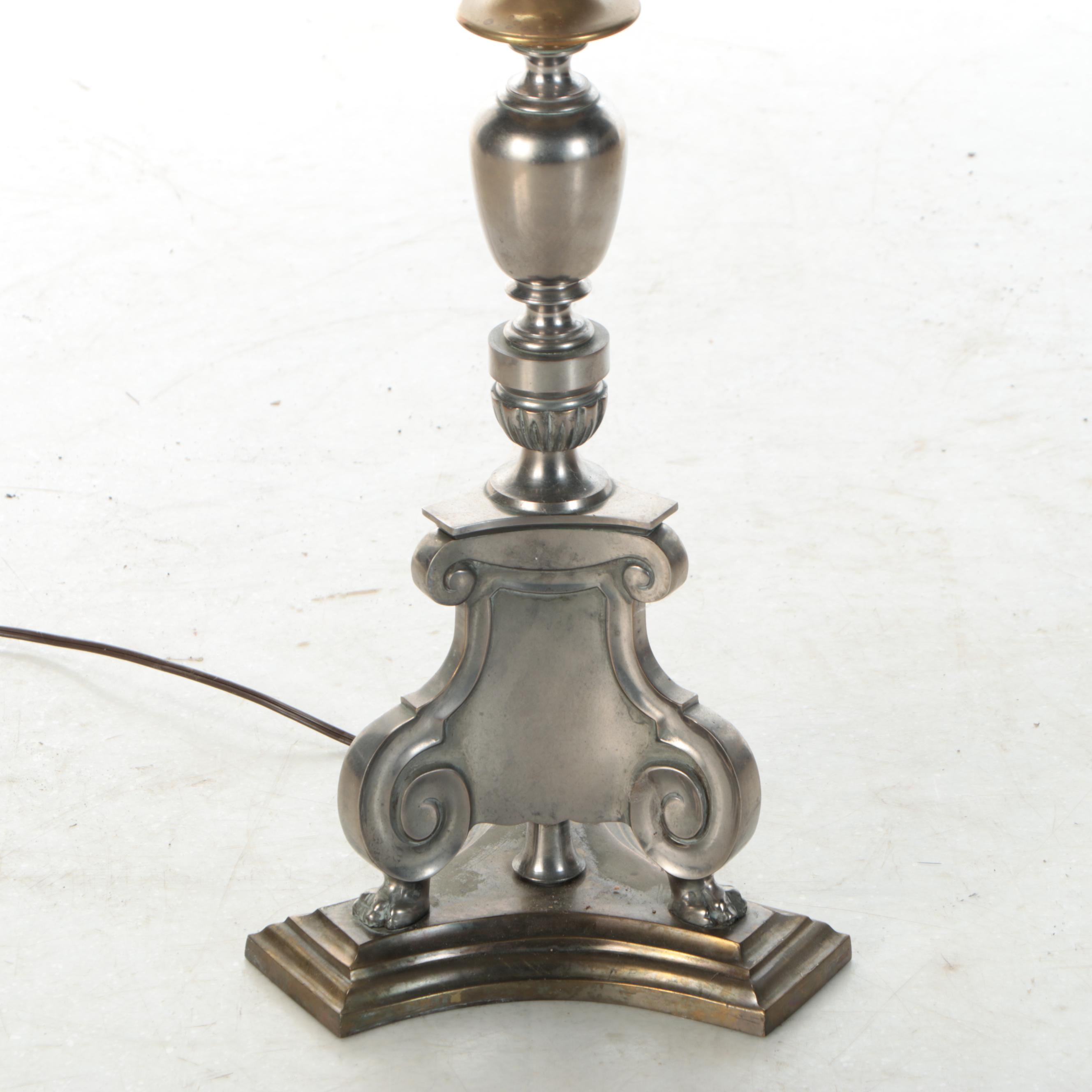 French Provincial Style Patinated Metal and Brass Floor Lamp with Shirred Shade