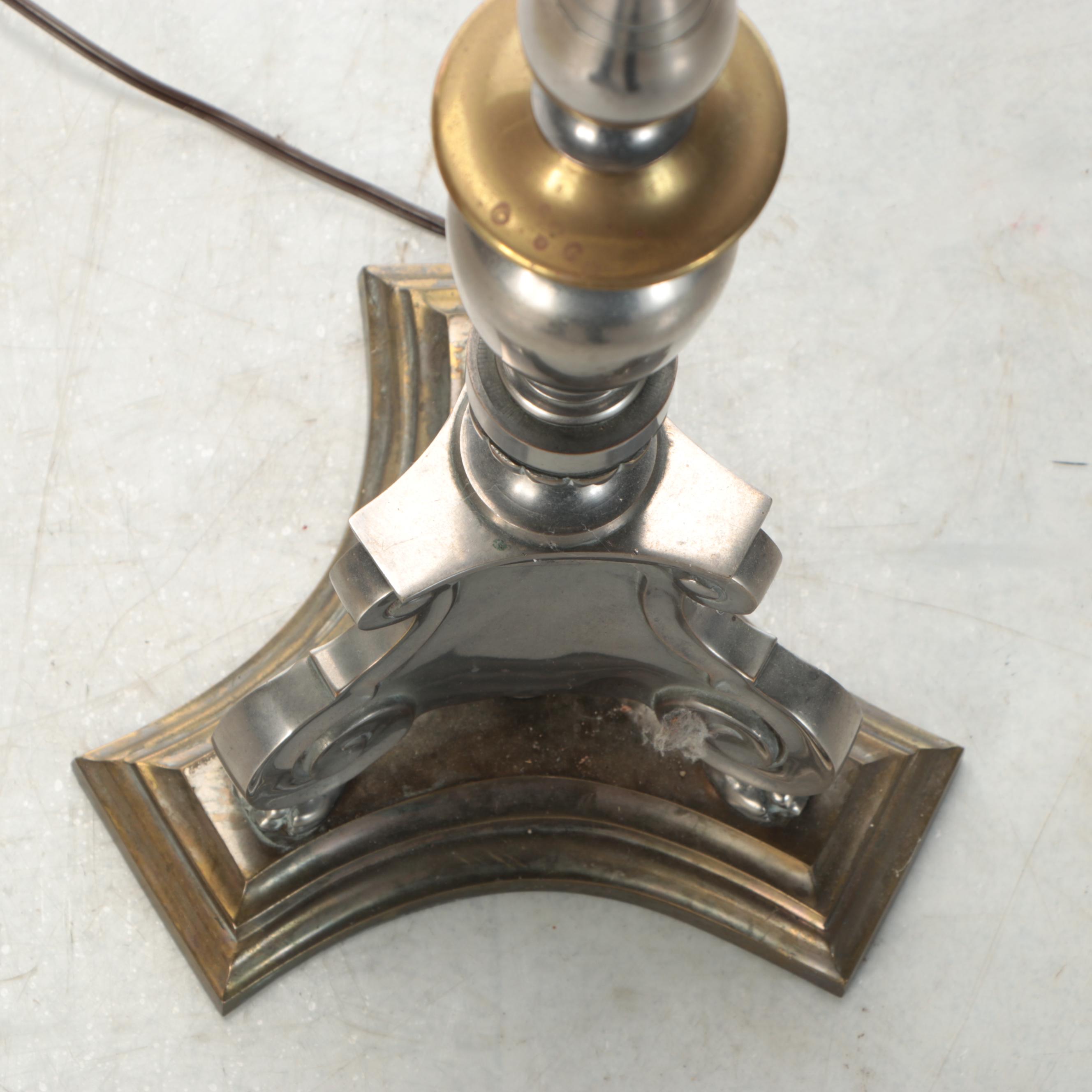 French Provincial Style Patinated Metal and Brass Floor Lamp with Shirred Shade