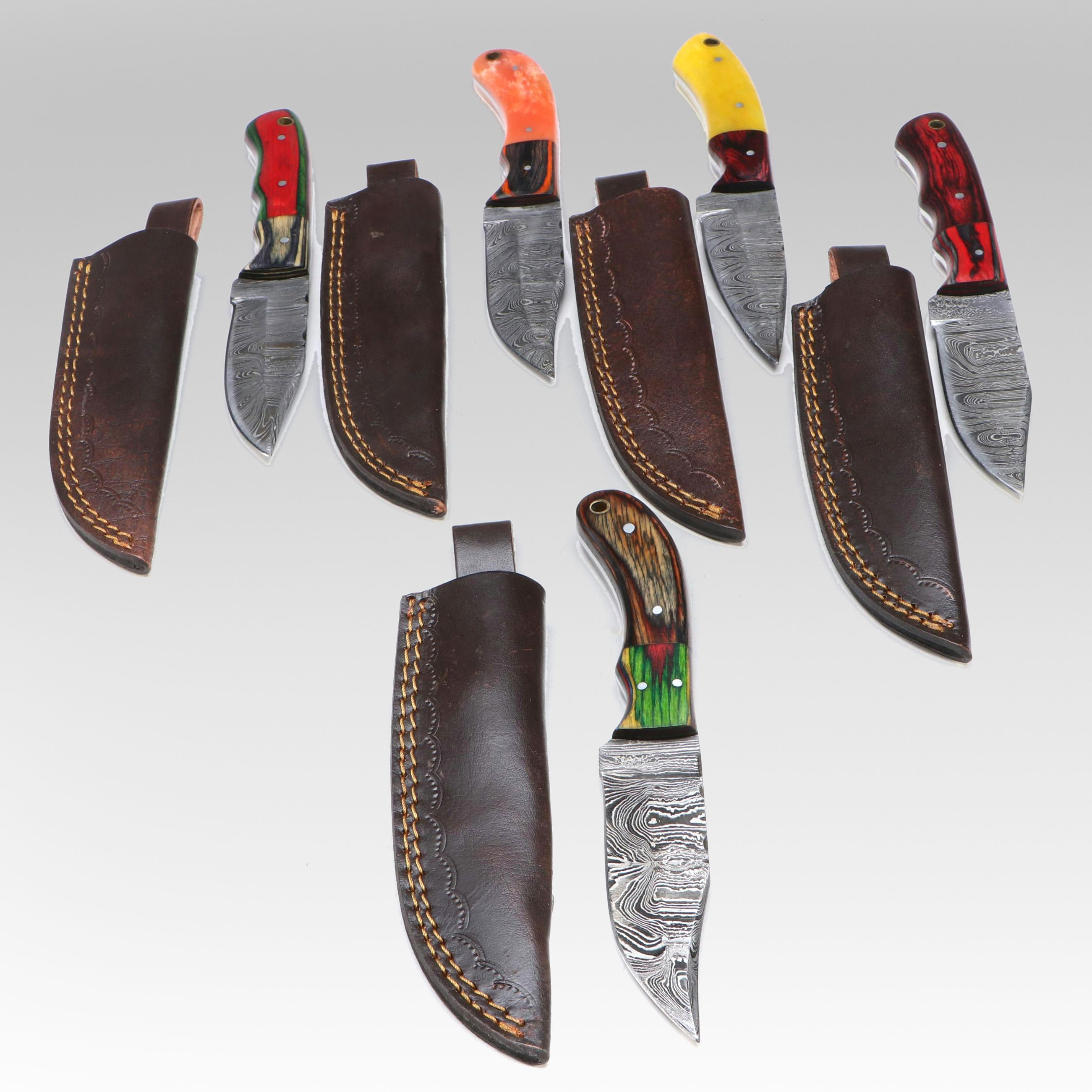 Damascus Steel Hunting Knives in Leather Scabbards
