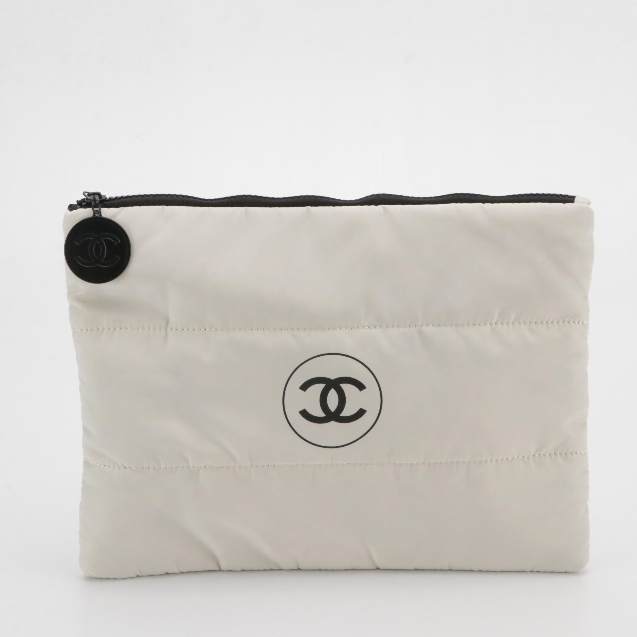 Chanel Beauté White Nylon Zip Pouch, Drawstring Bag and Camellia Flower Pin