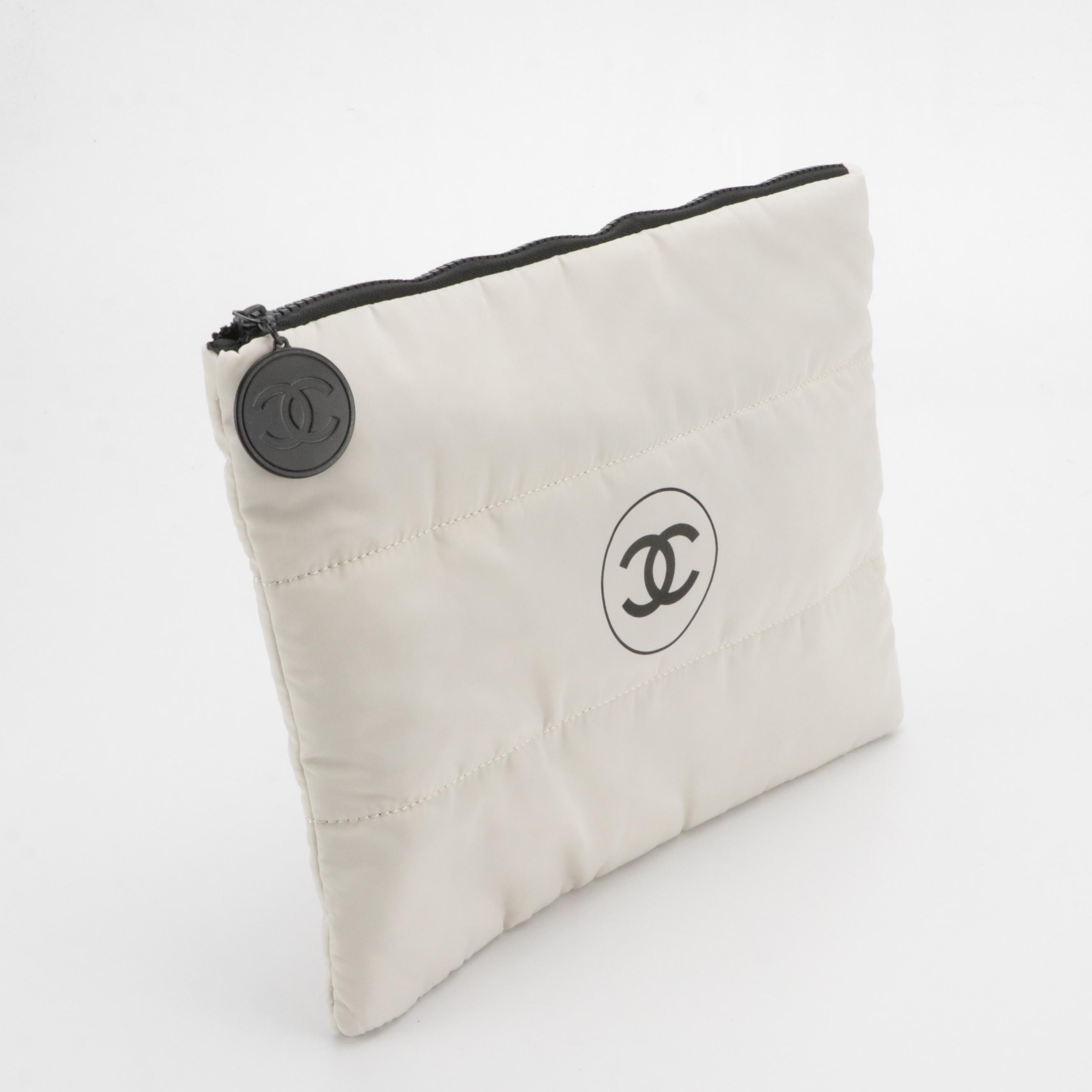 Chanel Beauté White Nylon Zip Pouch, Drawstring Bag and Camellia Flower Pin