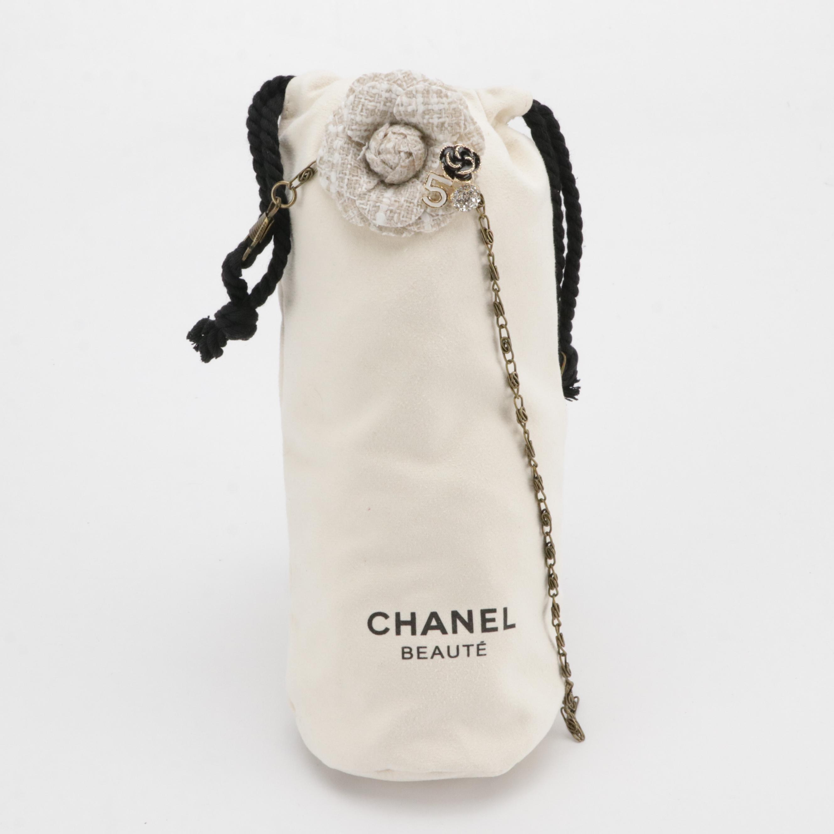 Chanel Beauté White Nylon Zip Pouch, Drawstring Bag and Camellia Flower Pin