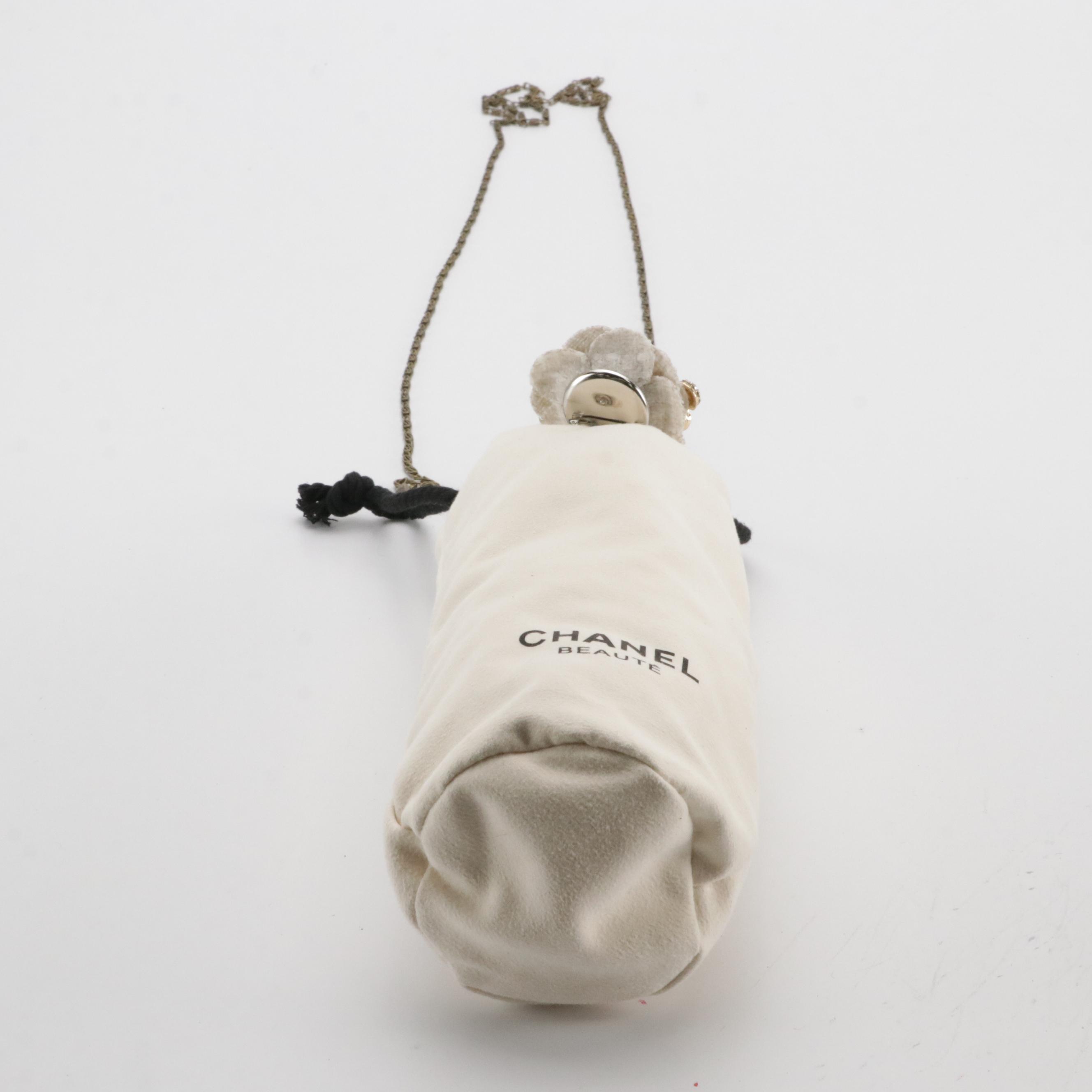 Chanel Beauté White Nylon Zip Pouch, Drawstring Bag and Camellia Flower Pin