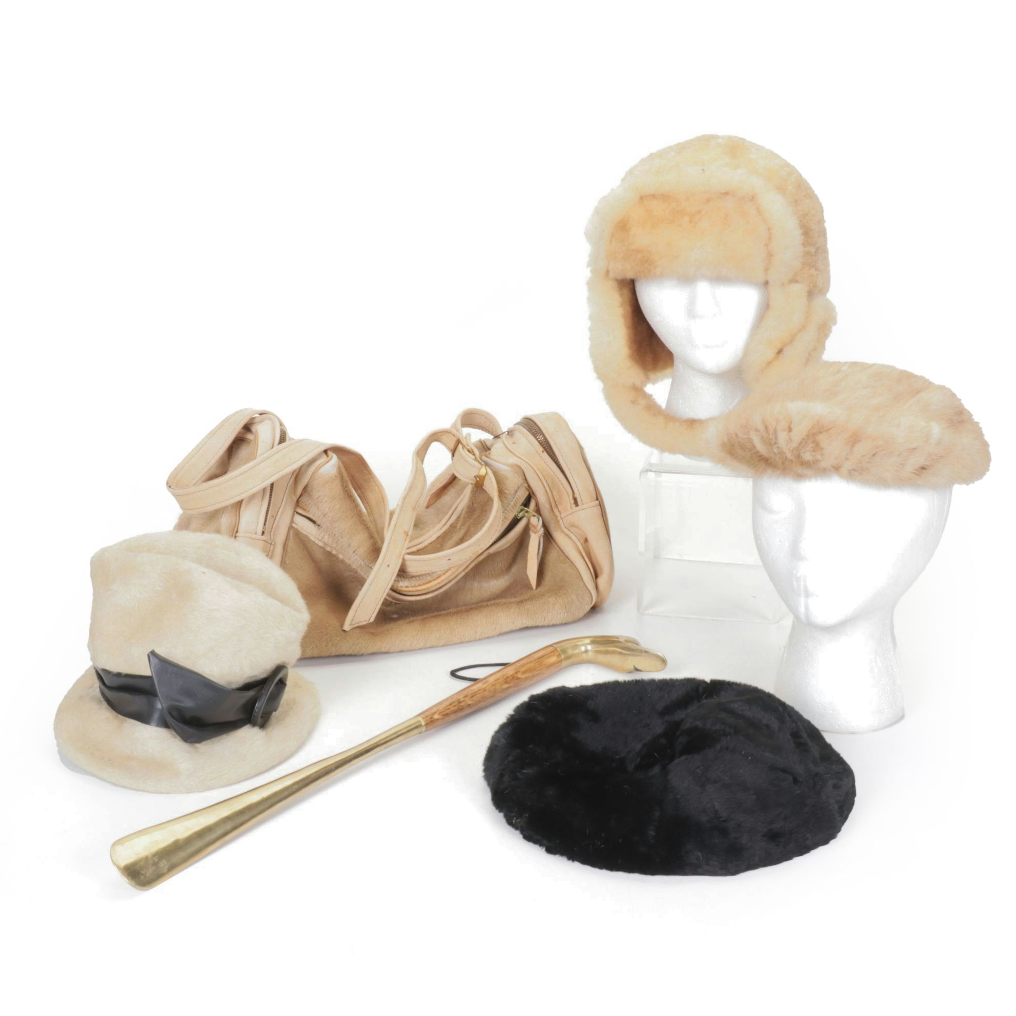 Calfskin Luggage & Other Fur Hats with Brass Shoehorn
