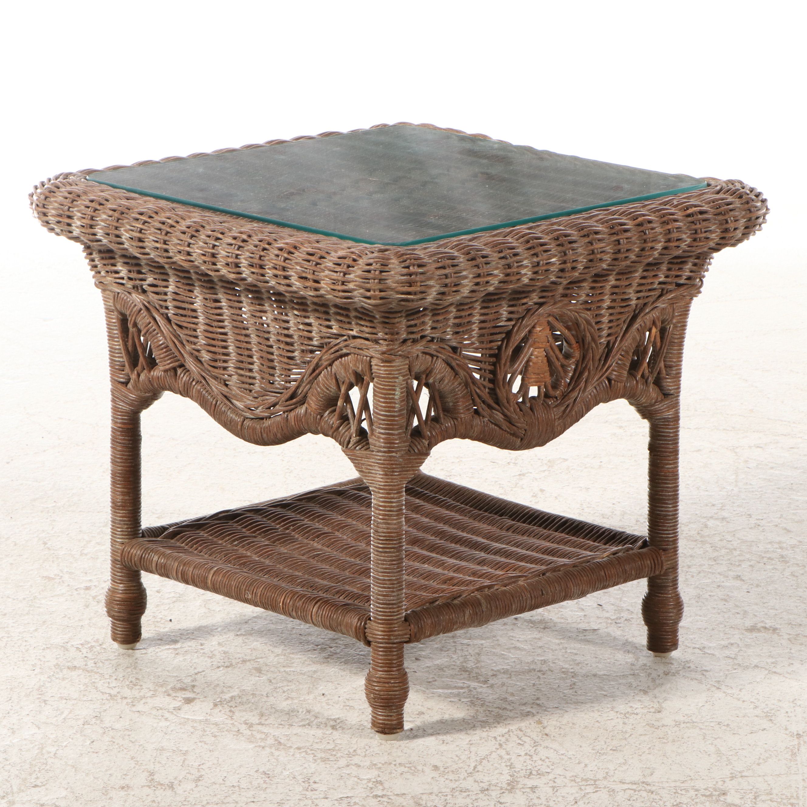 Victorian Style Wicker Side Table with Glass Top