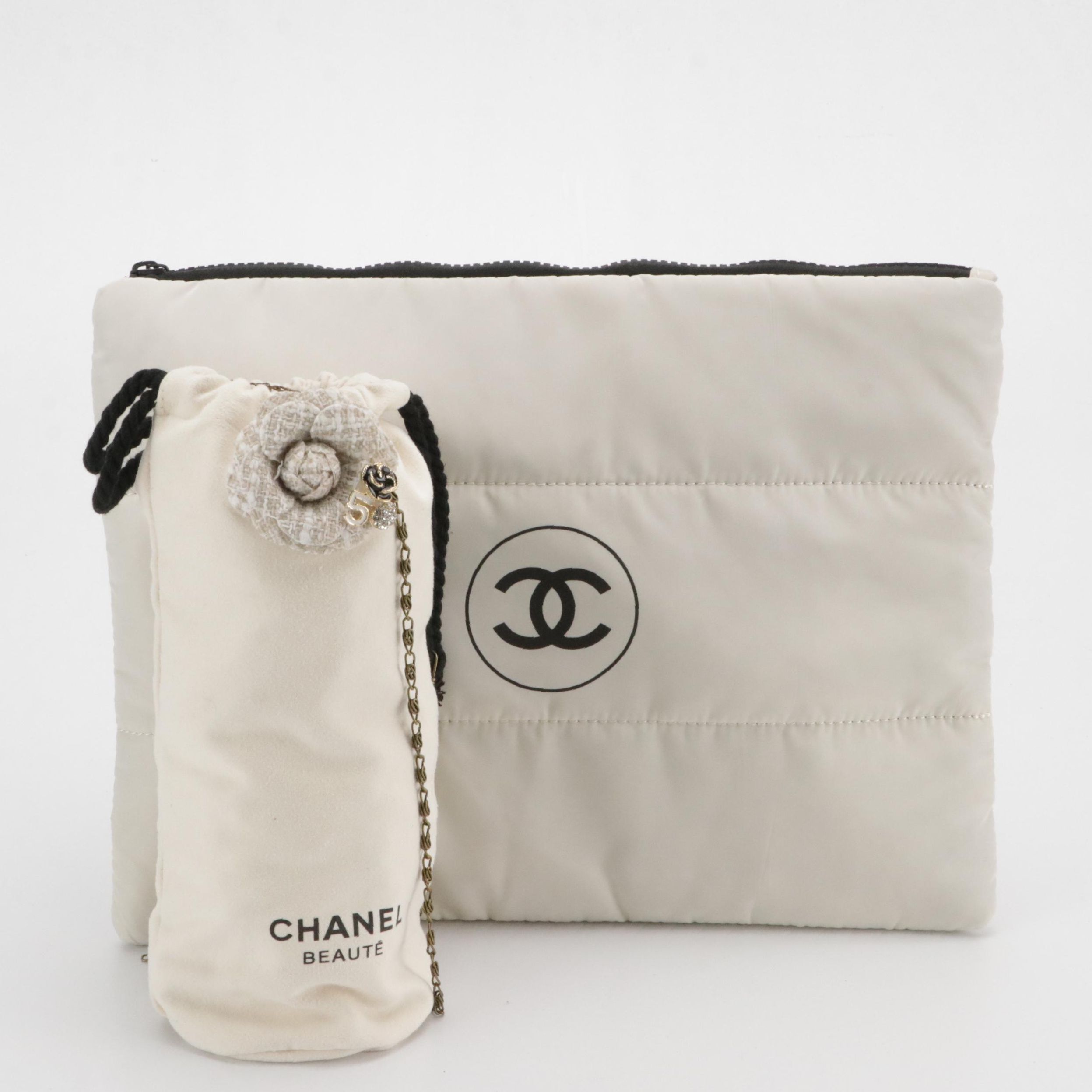 Chanel Beauté White Nylon Zip Pouch, Drawstring Bag and Camellia Flower Pin