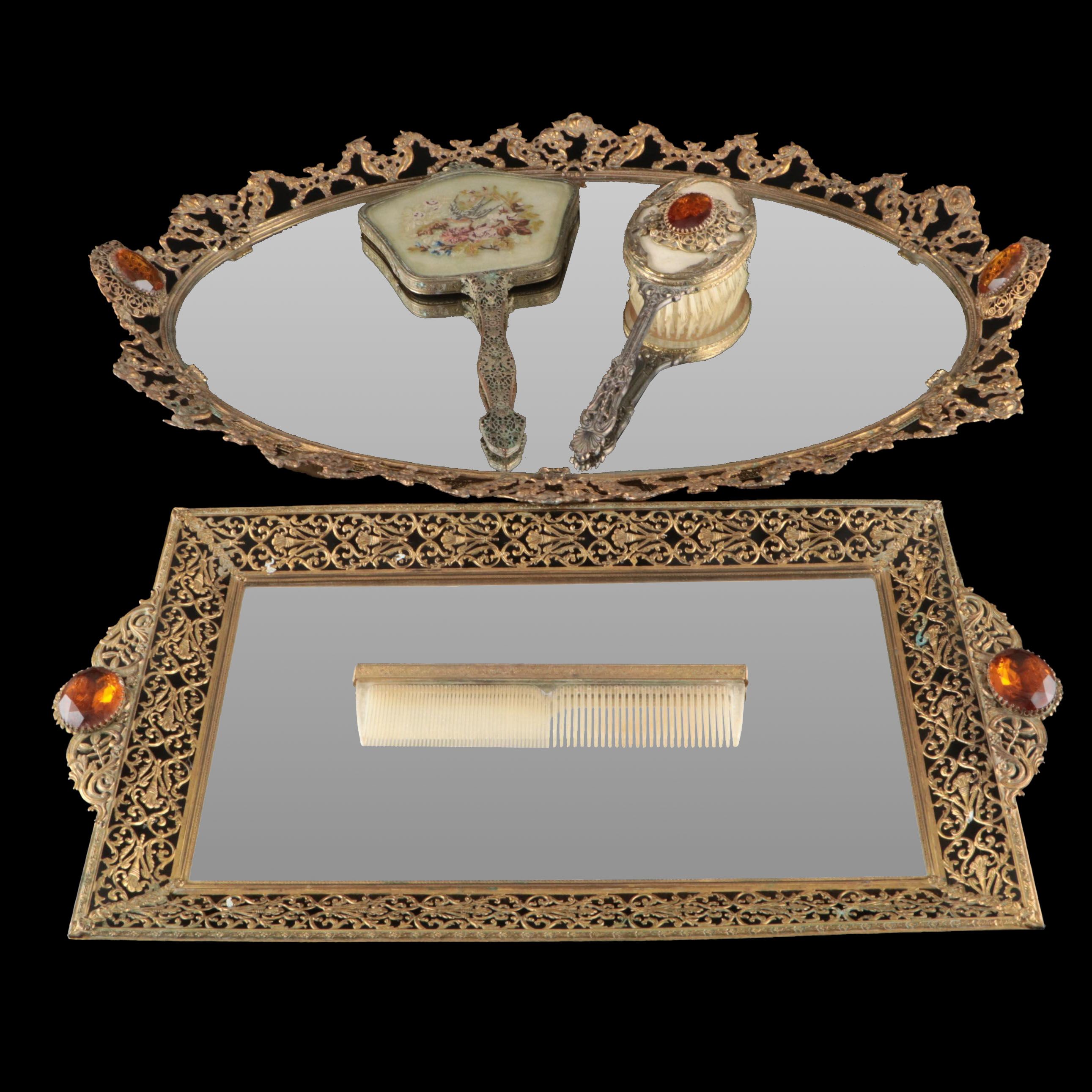 Vintage Metal Filigree Wall Mirrors and Brush with Gemlite Comb and Hand Mirror