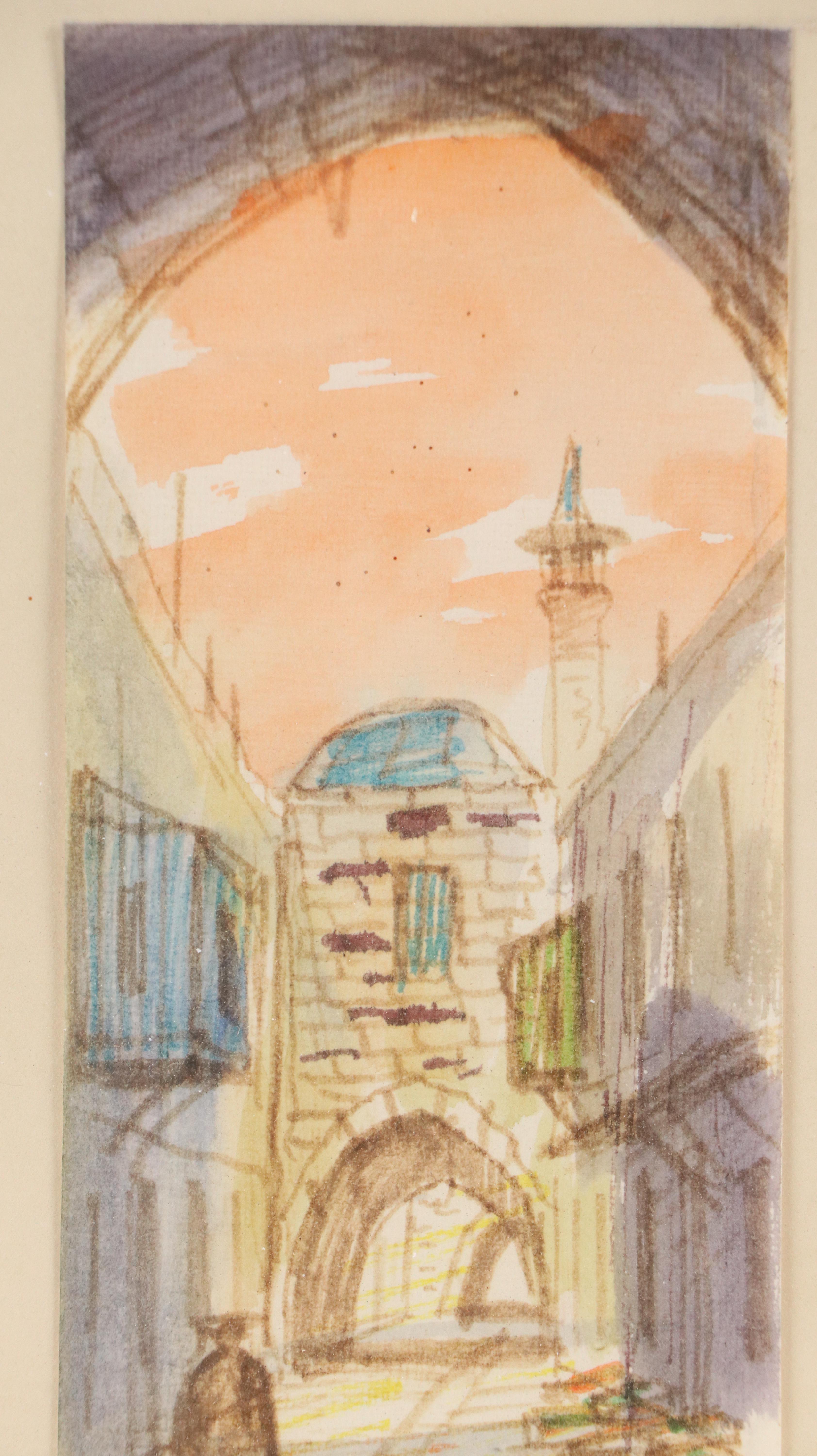 Judaic Cityscape Ink and Watercolor Sketch "In Old Jerusalem"