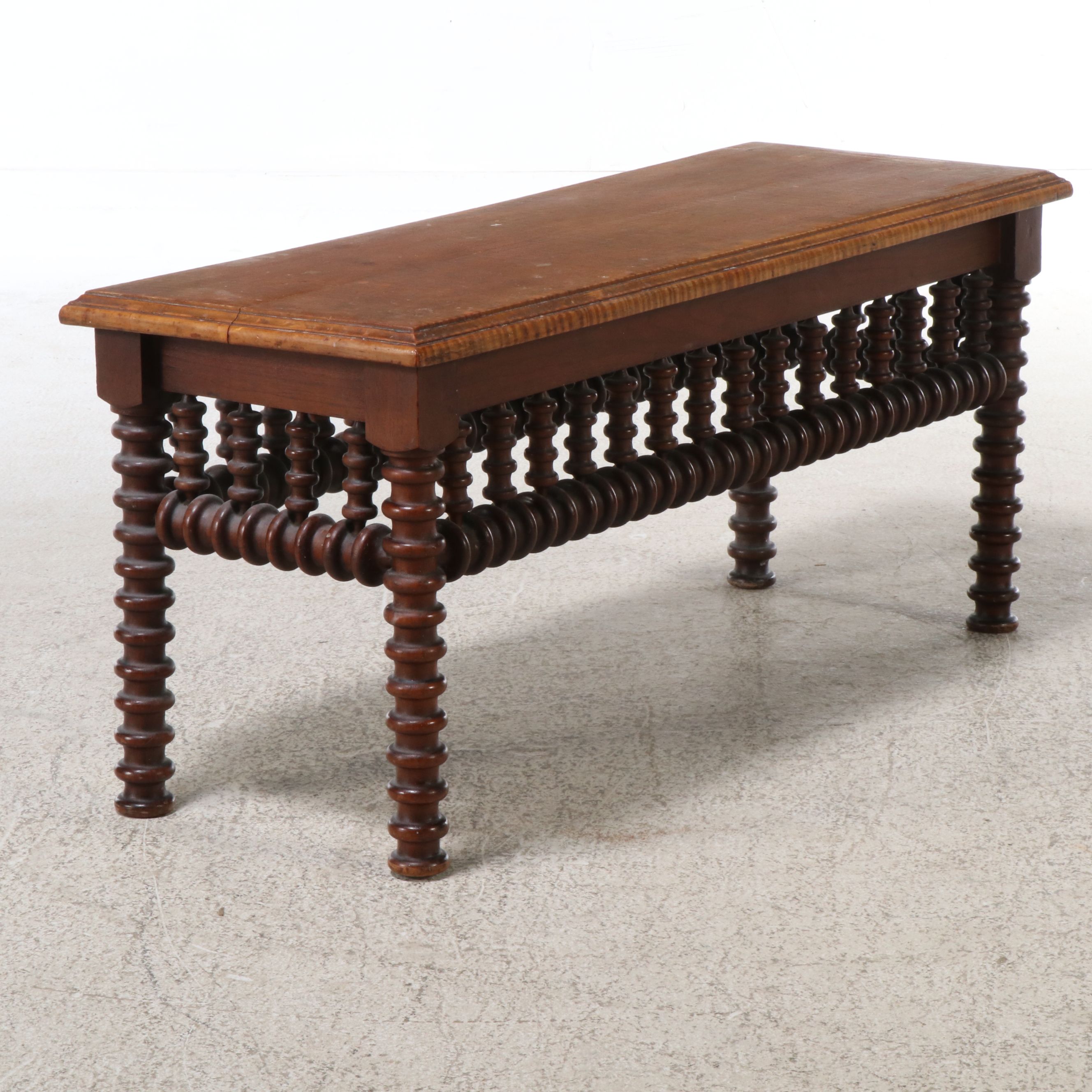 Art & Crafts Style Walnut Spindle Carved Low Table with Tiger Maple Top