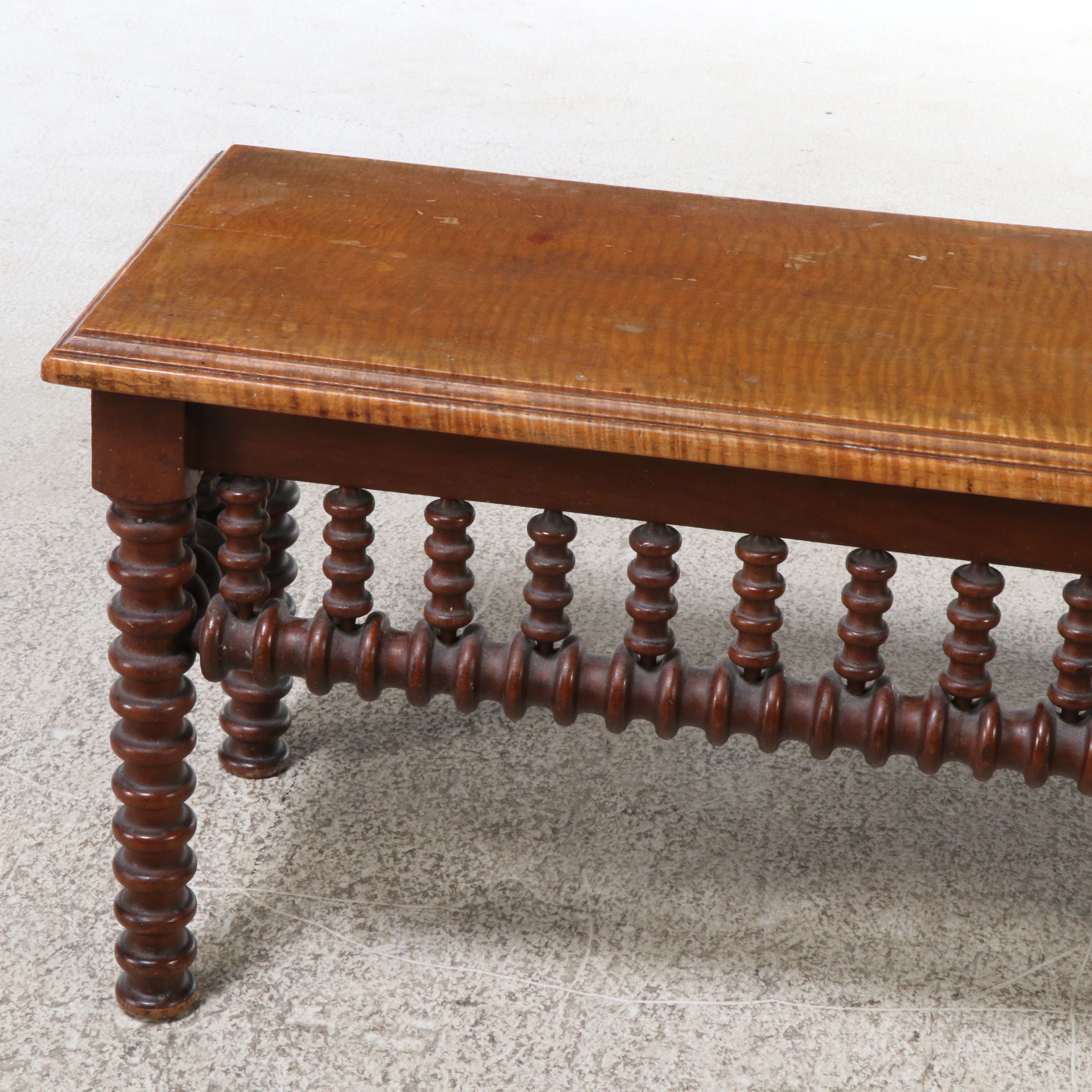 Art & Crafts Style Walnut Spindle Carved Low Table with Tiger Maple Top