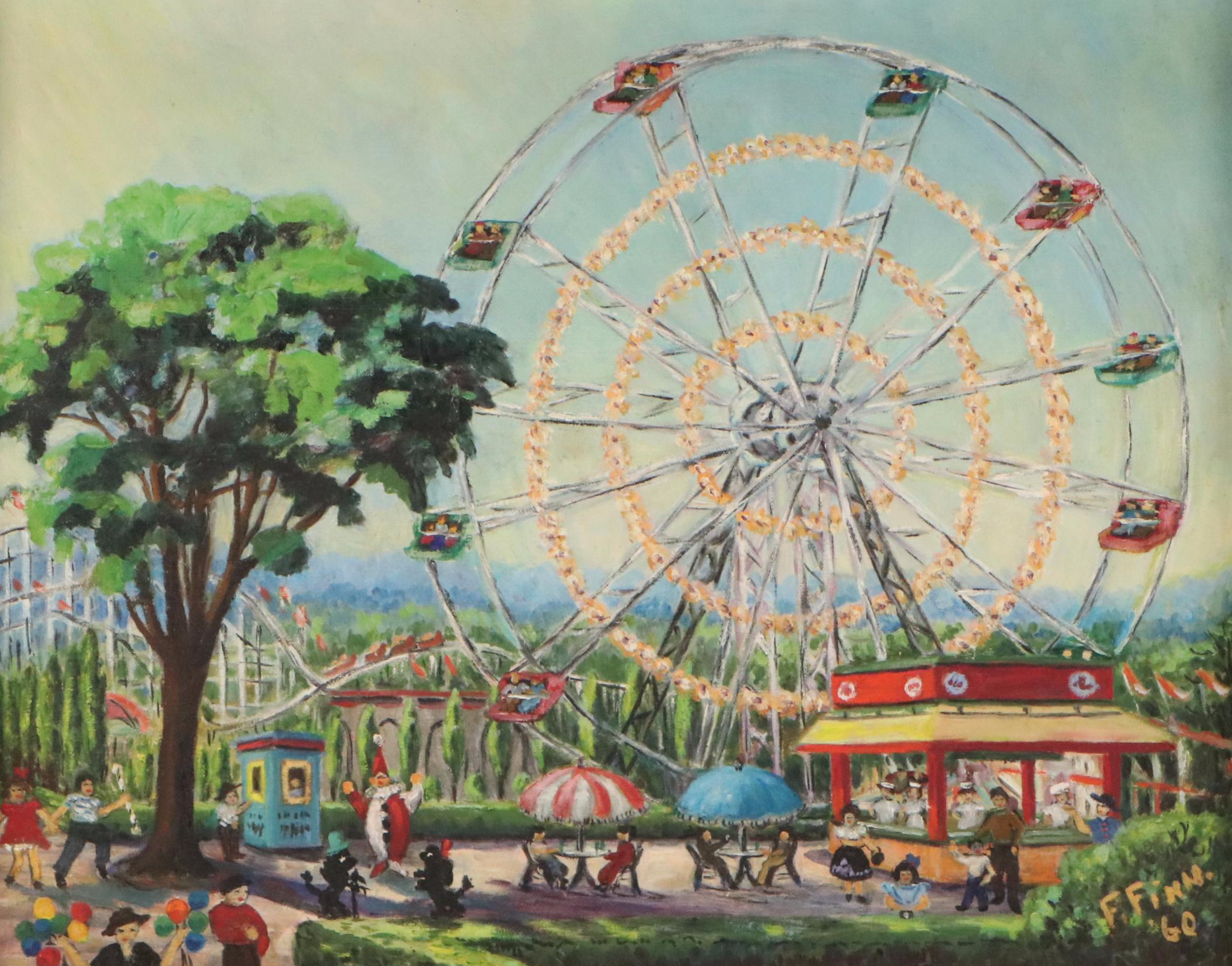 F. Finn Oil Painting of Amusement Park with Ferris Wheel, 1960