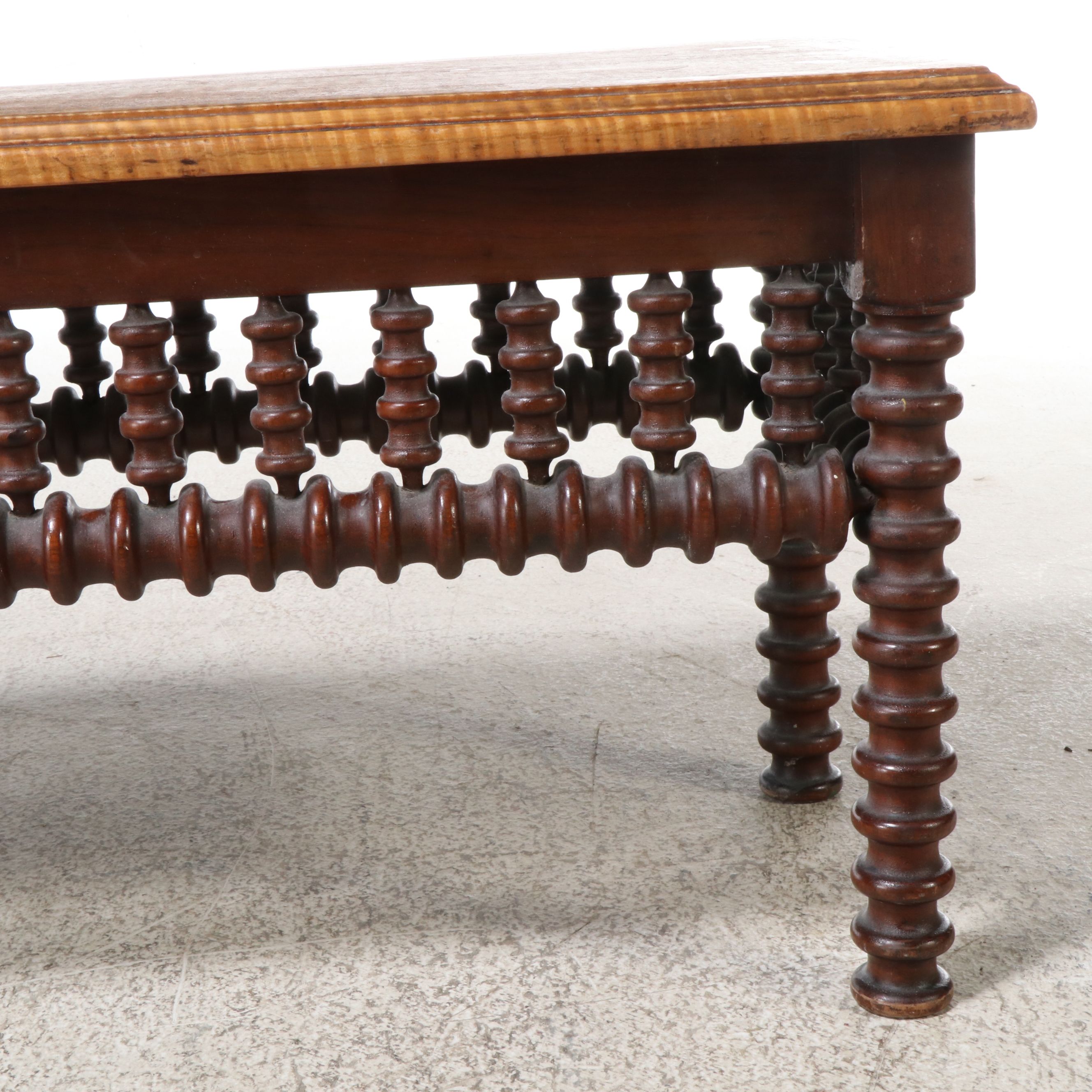 Art & Crafts Style Walnut Spindle Carved Low Table with Tiger Maple Top