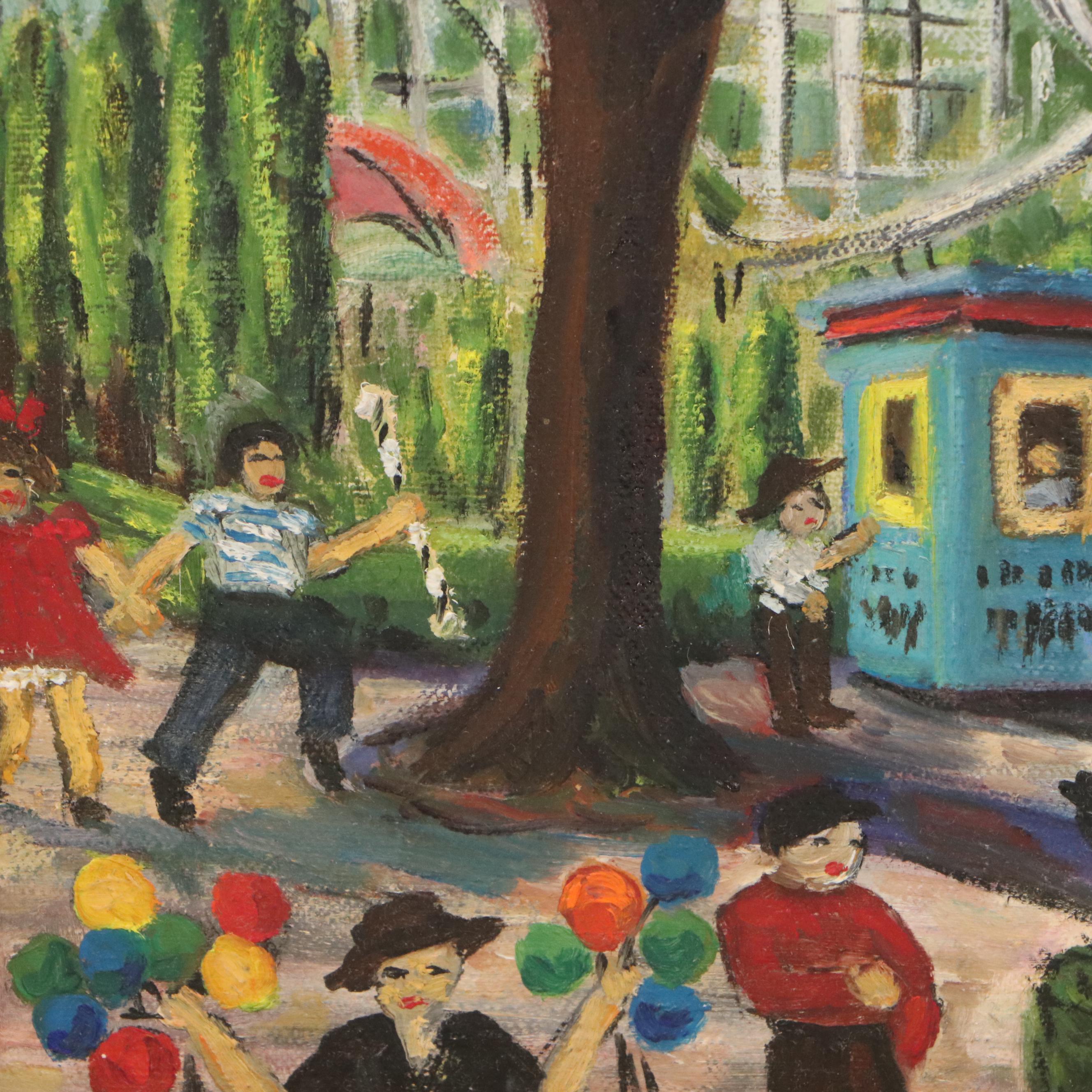 F. Finn Oil Painting of Amusement Park with Ferris Wheel, 1960