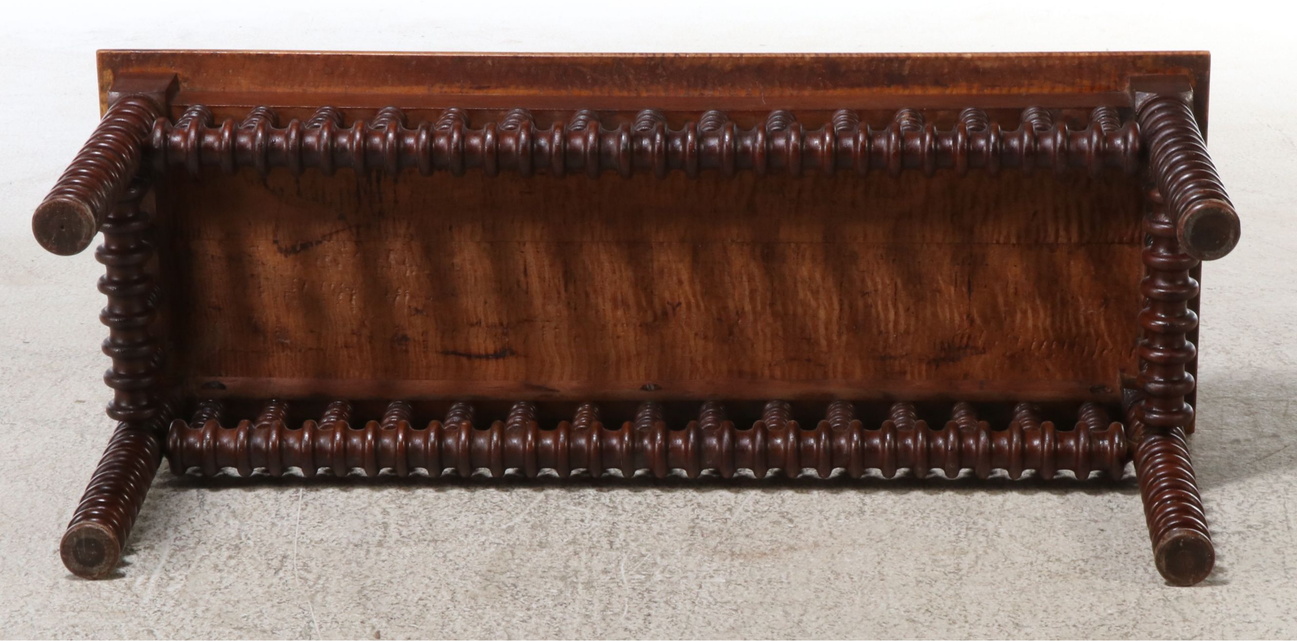 Art & Crafts Style Walnut Spindle Carved Low Table with Tiger Maple Top