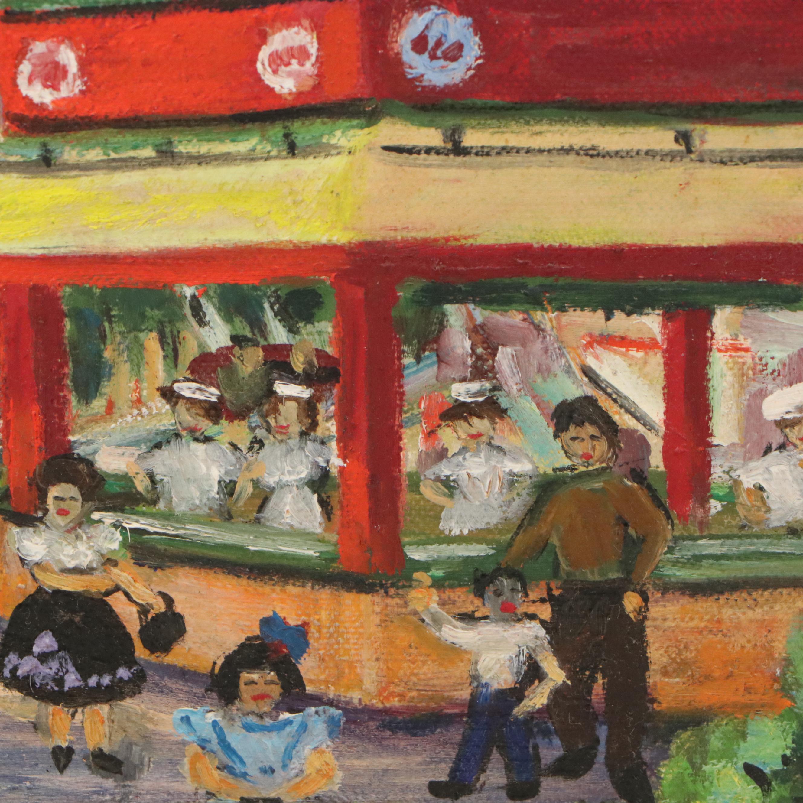 F. Finn Oil Painting of Amusement Park with Ferris Wheel, 1960