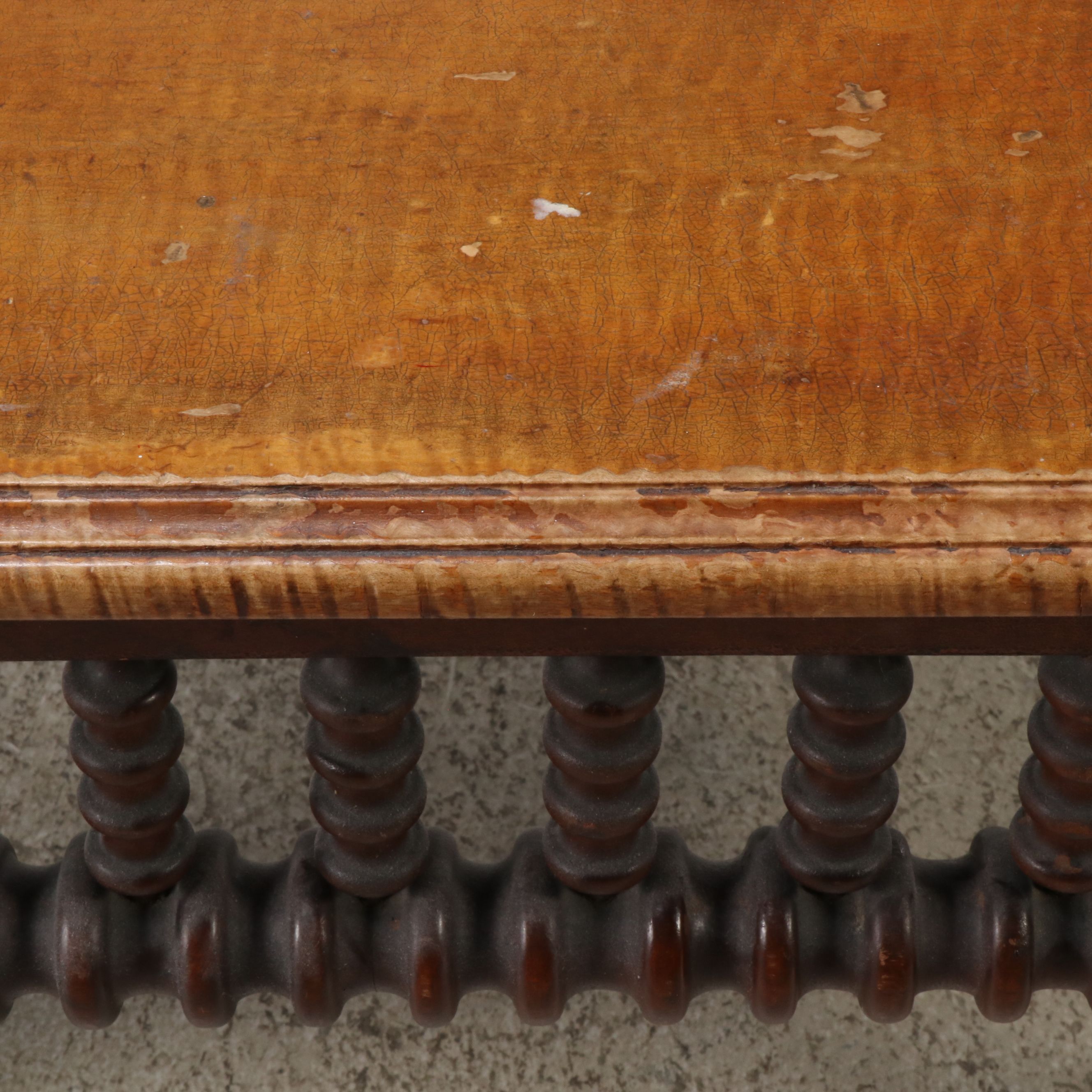 Art & Crafts Style Walnut Spindle Carved Low Table with Tiger Maple Top