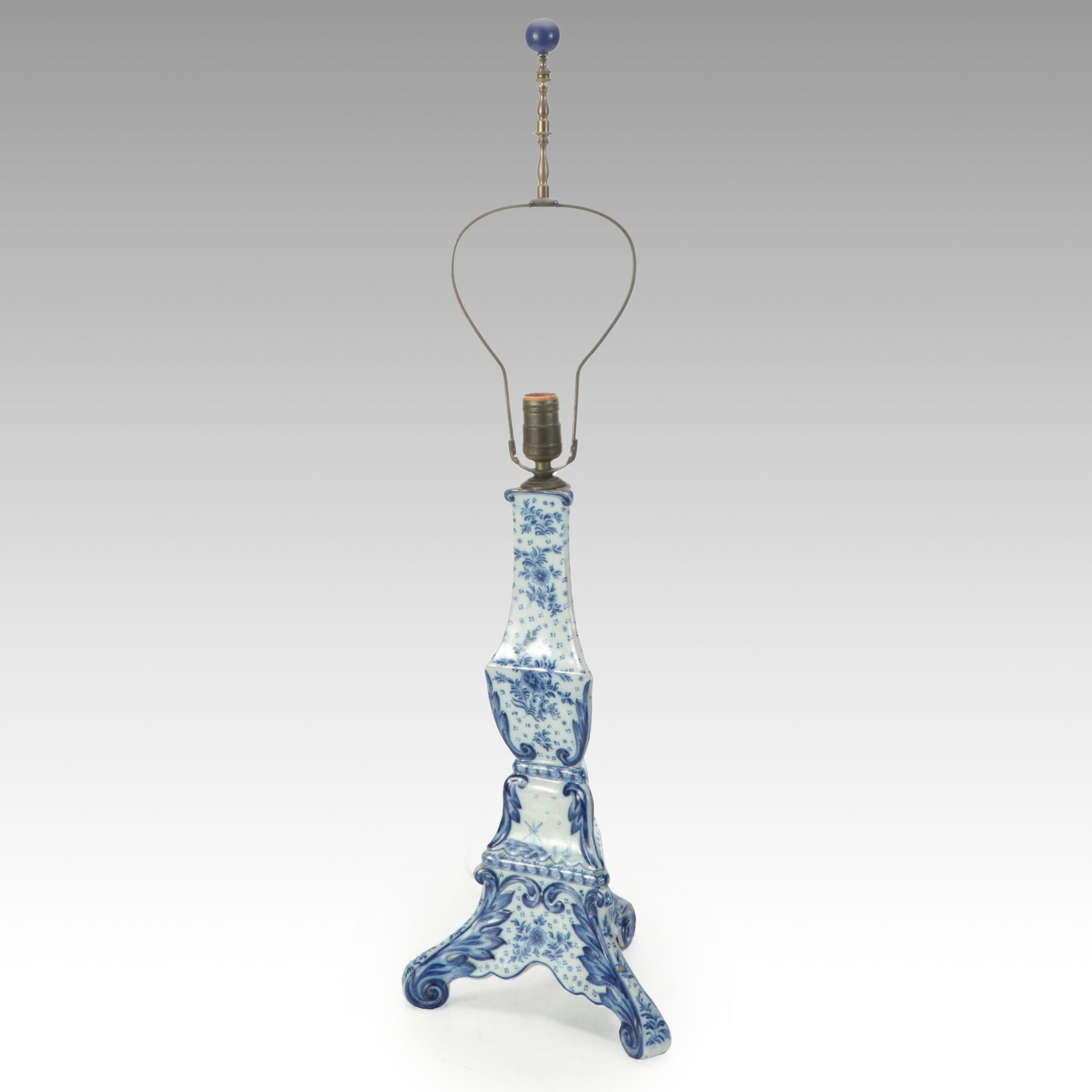 Delft Blue and White Ceramic Three-Sided Candlestick Lamp, Adapted