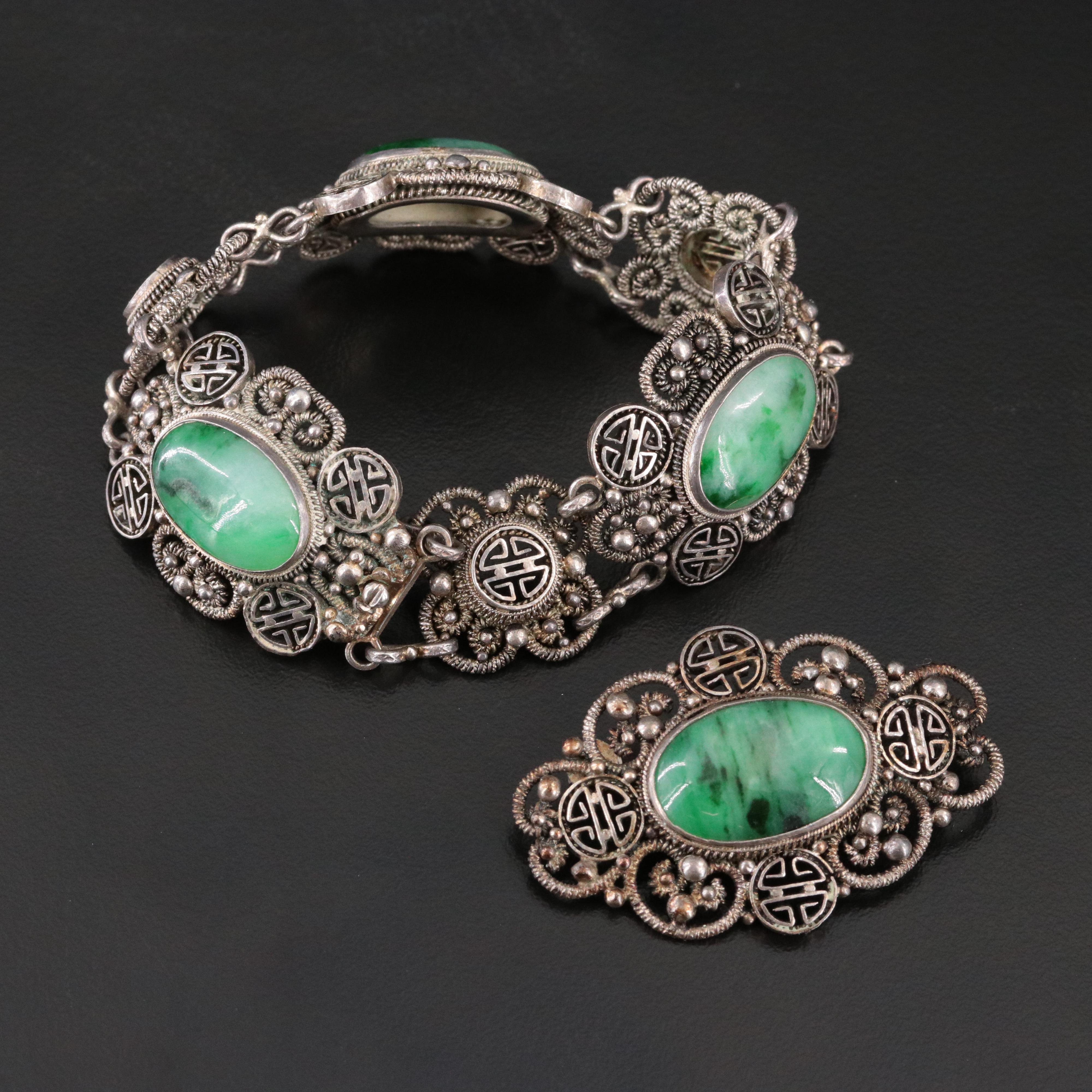 Chinese Import 950 Silver Jadeite Good Fortune Bracelet and Brooch
