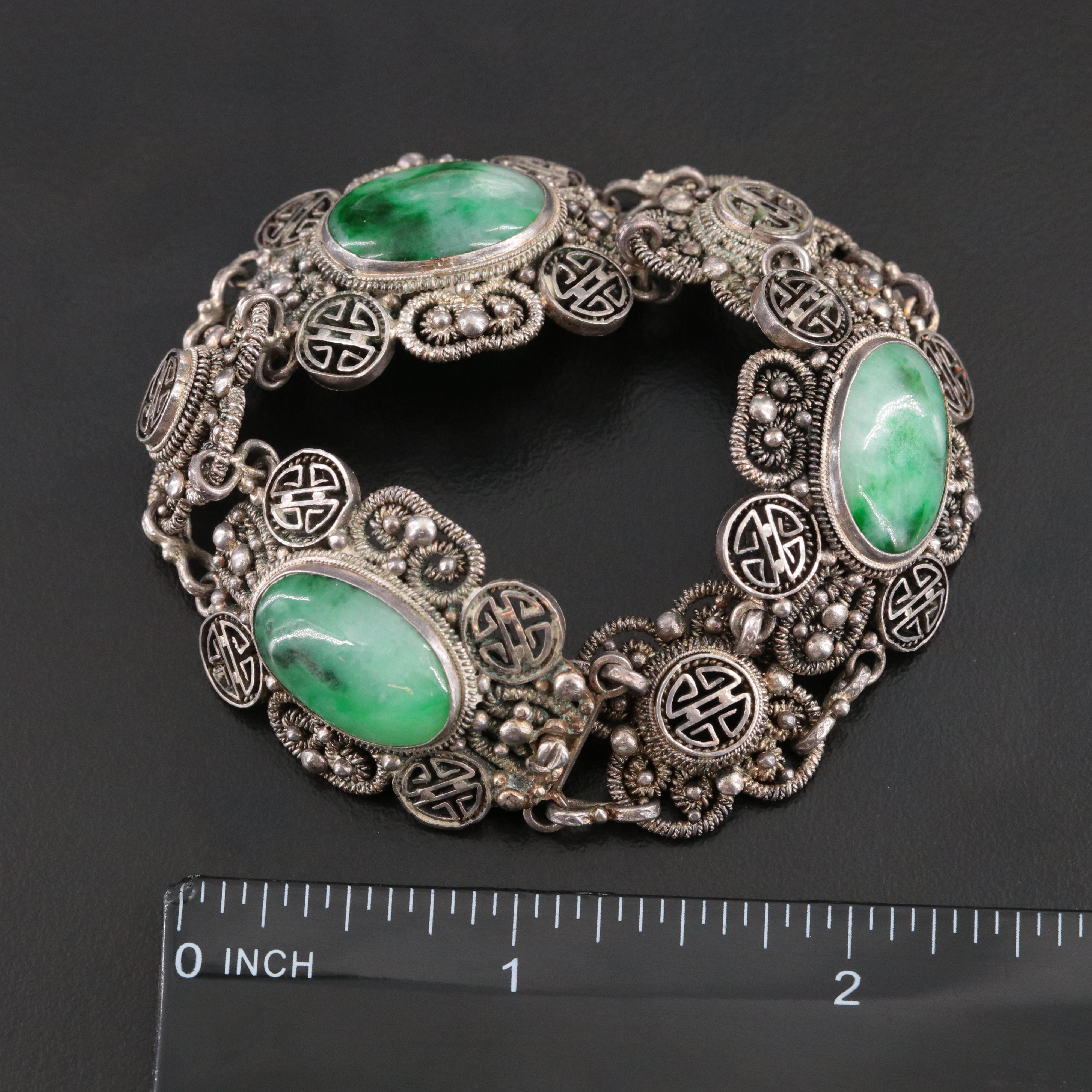 Chinese Import 950 Silver Jadeite Good Fortune Bracelet and Brooch