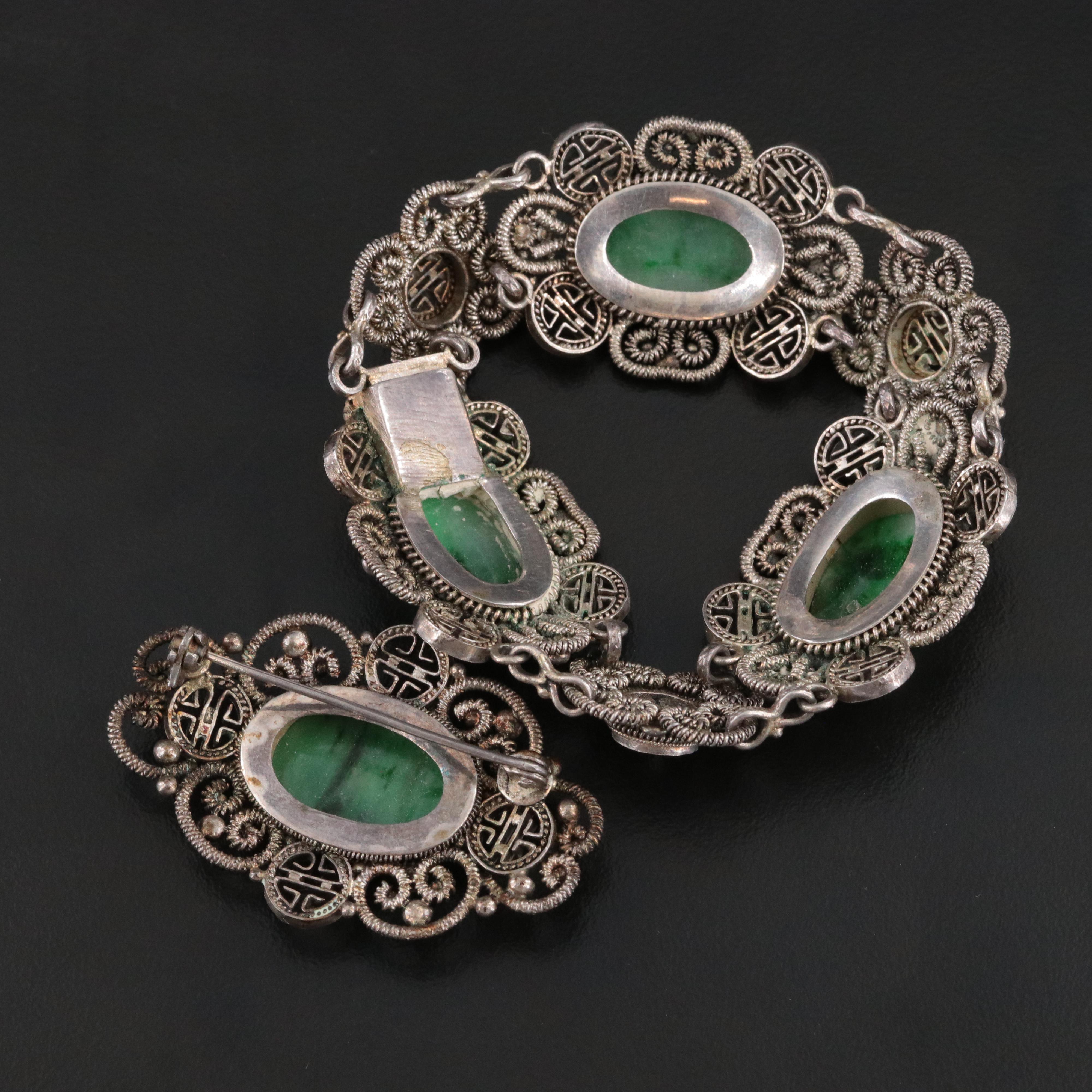 Chinese Import 950 Silver Jadeite Good Fortune Bracelet and Brooch