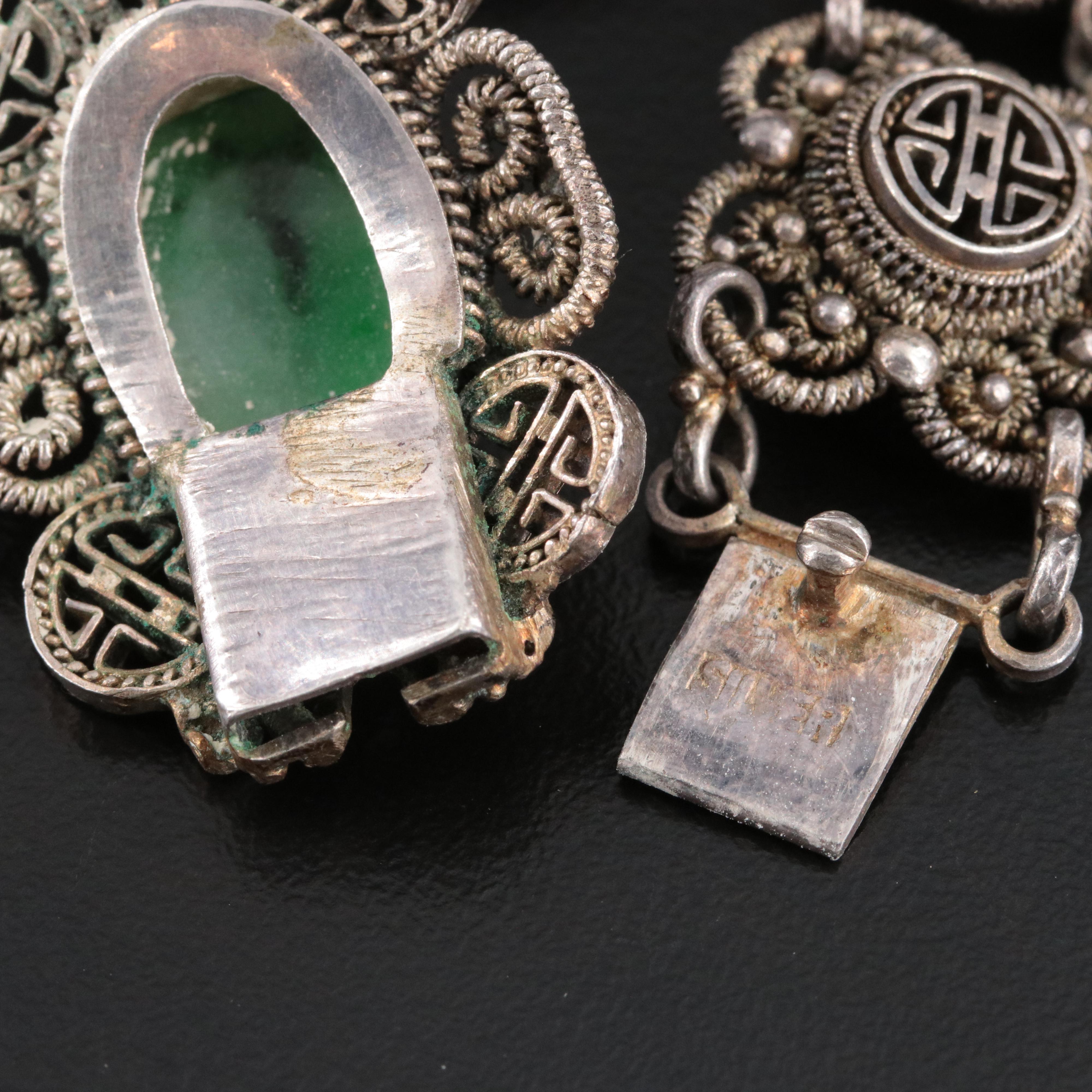 Chinese Import 950 Silver Jadeite Good Fortune Bracelet and Brooch