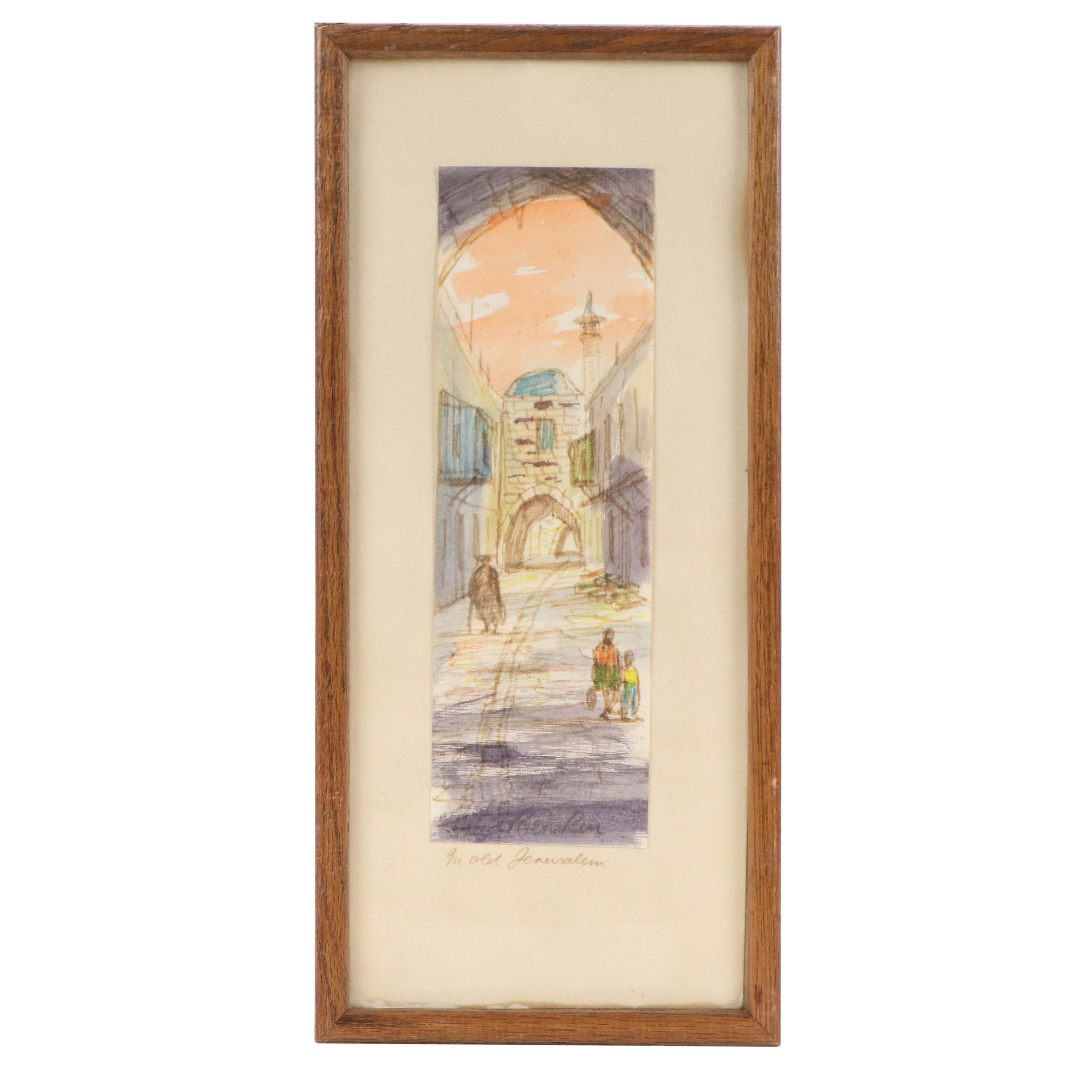 Judaic Cityscape Ink and Watercolor Sketch "In Old Jerusalem"