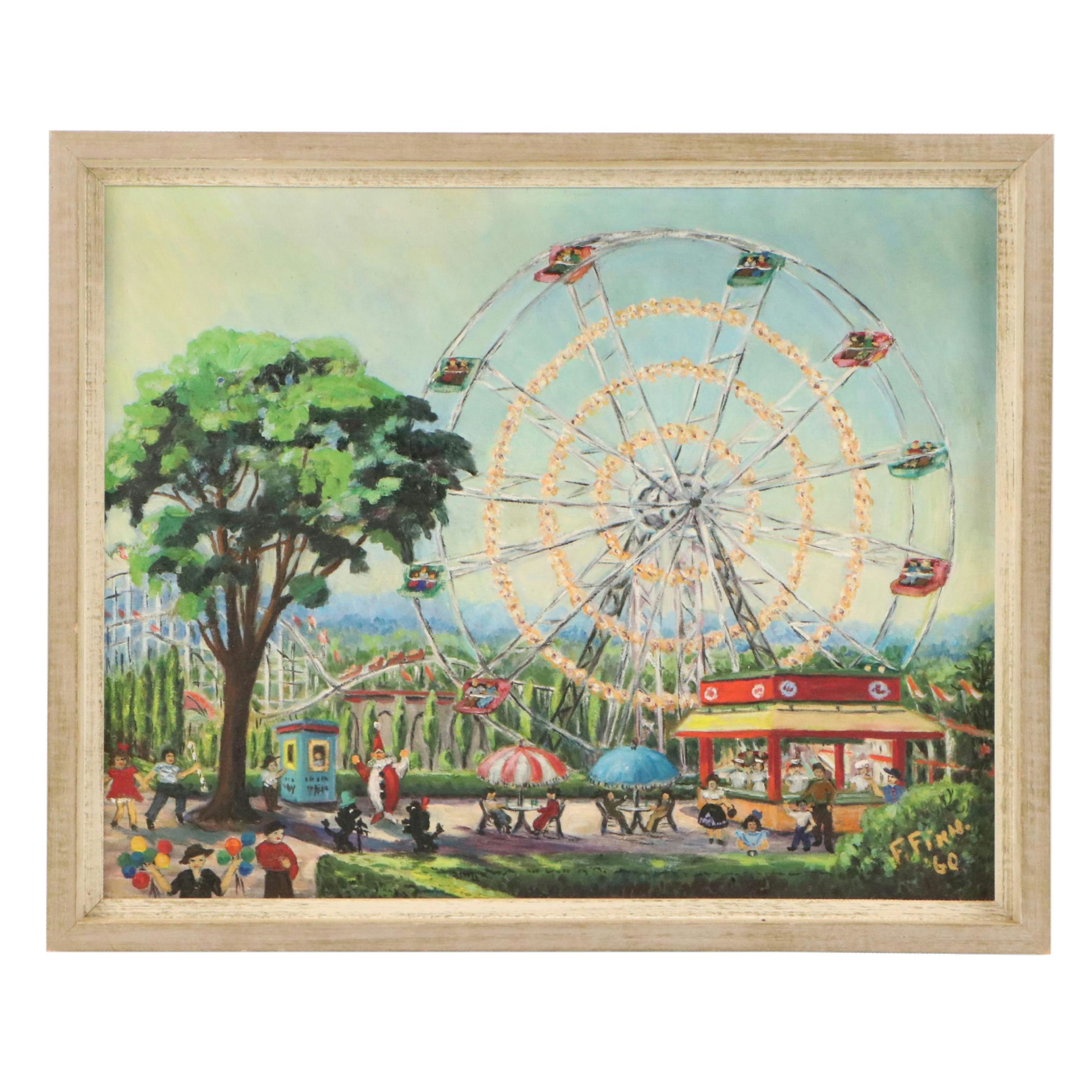 F. Finn Oil Painting of Amusement Park with Ferris Wheel, 1960