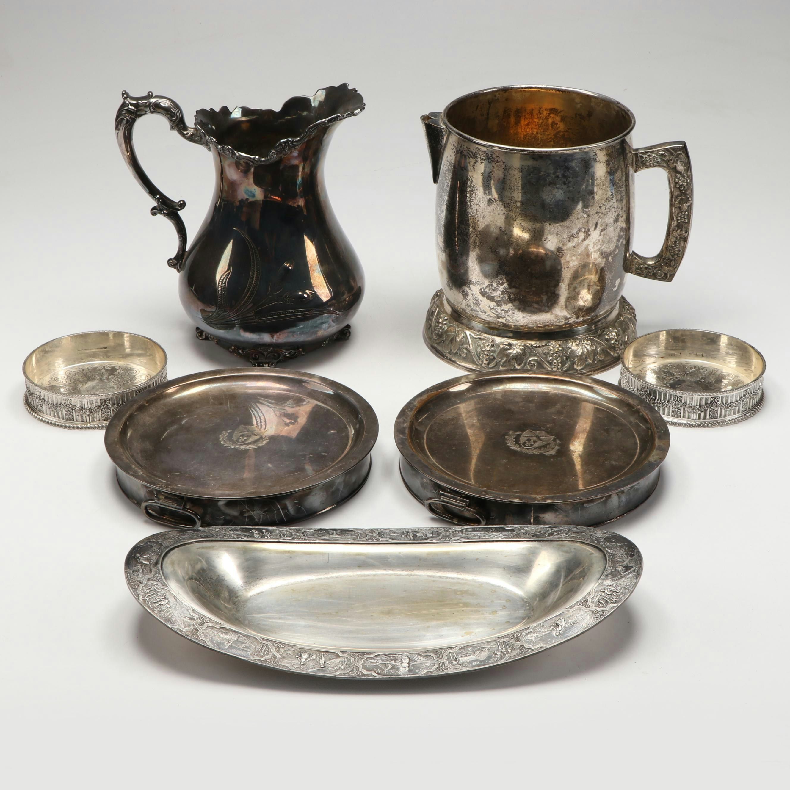 E. & J.B. Dutch Nickel Tray with Silver Plate Homan Pitcher and Other Tableware