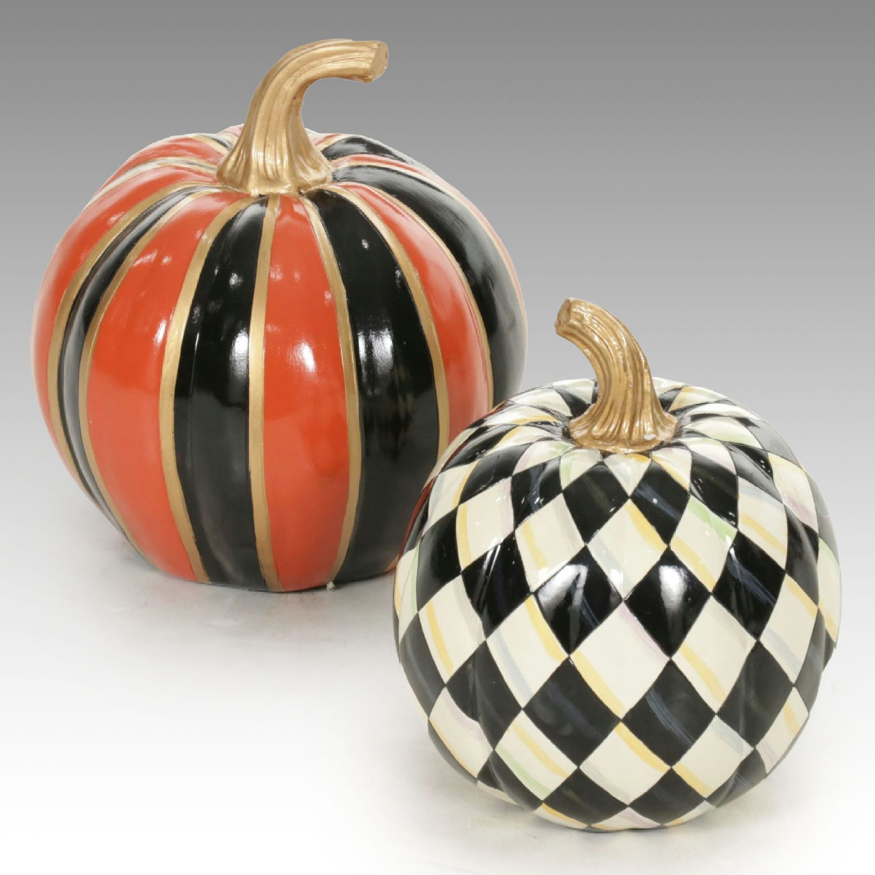 MacKenzie-Childs Courtly Check and Orange Stripe Centerpiece Pumpkins