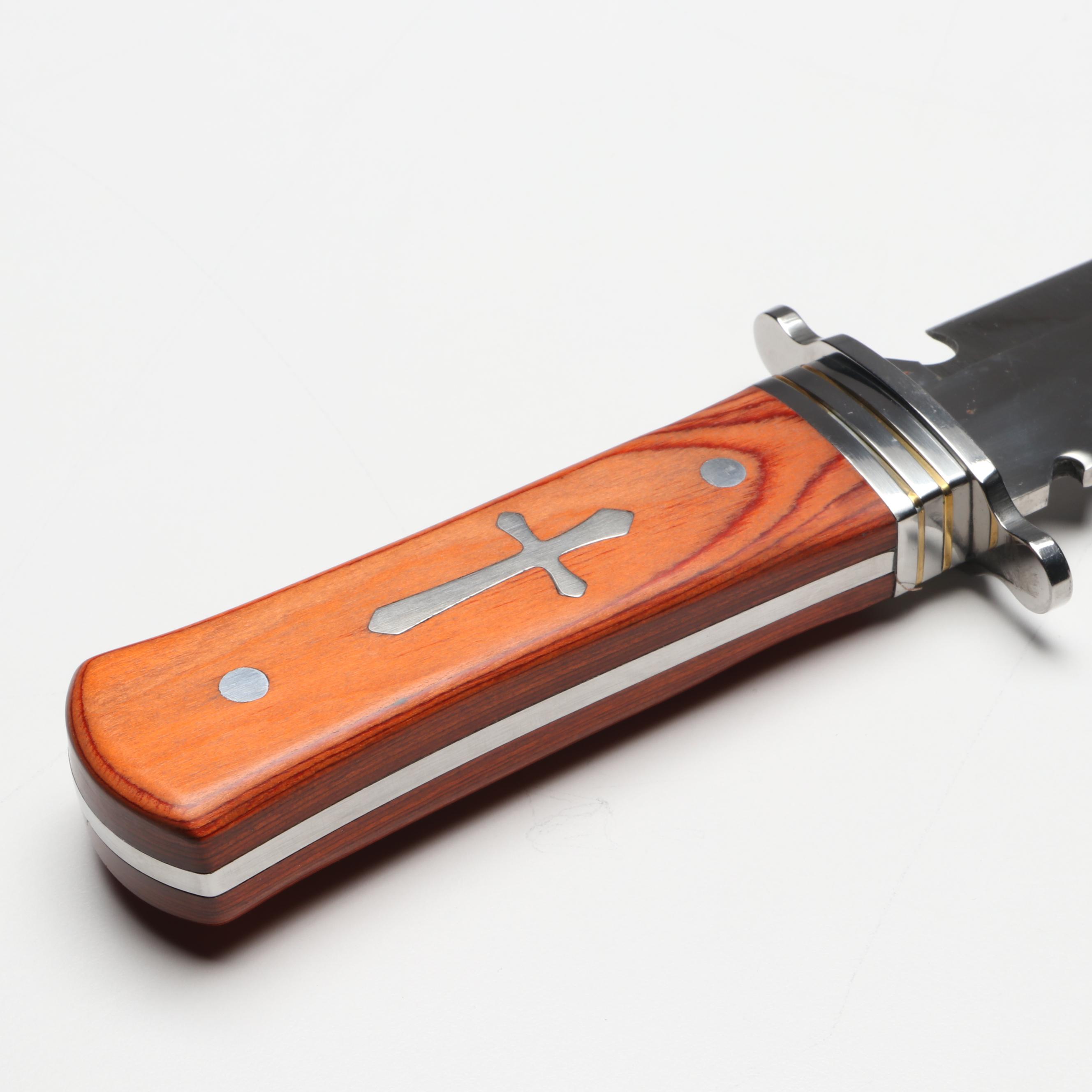 Stainless Steel and Wooden Handle Cross Inlay Bowie Knife