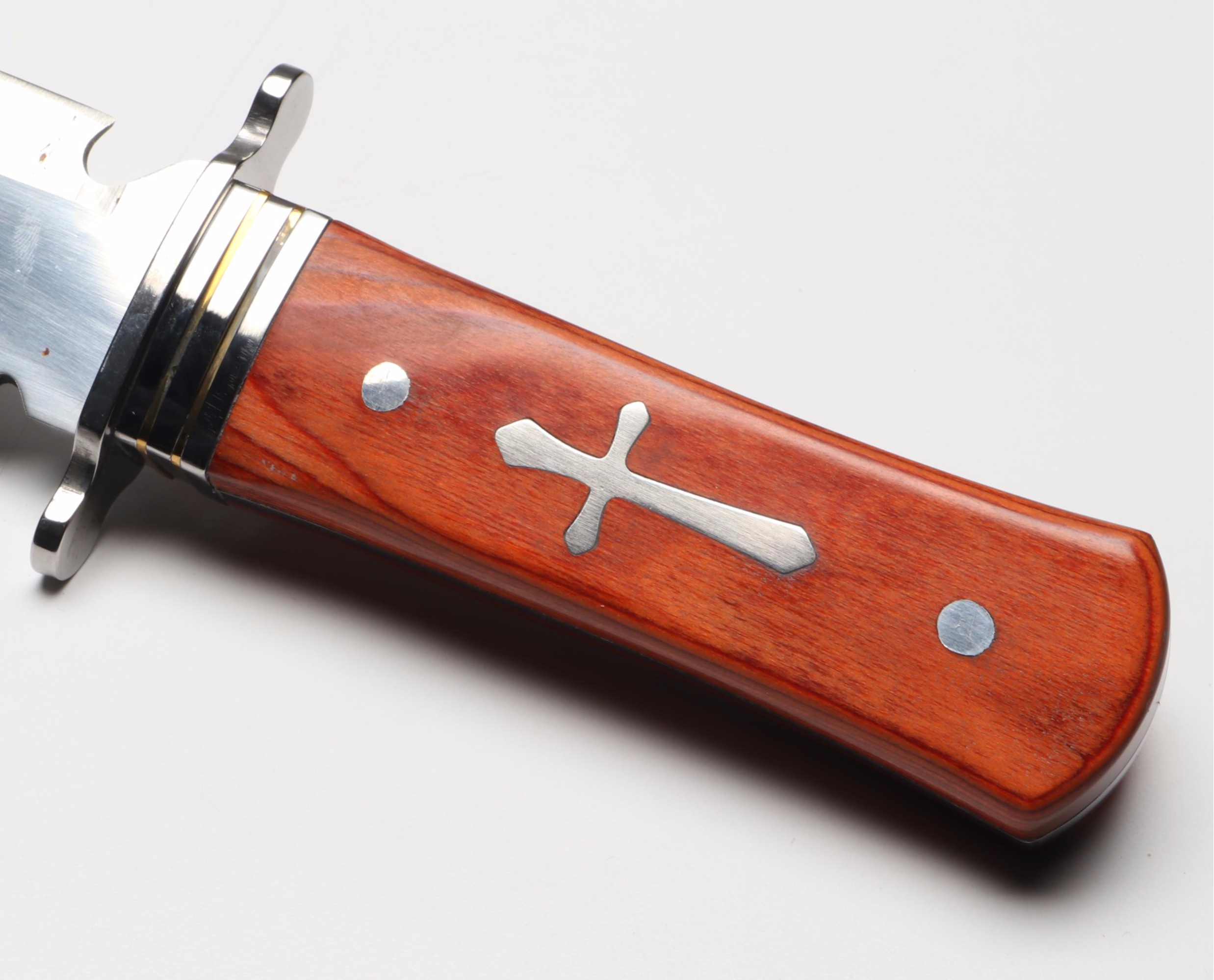 Stainless Steel and Wooden Handle Cross Inlay Bowie Knife