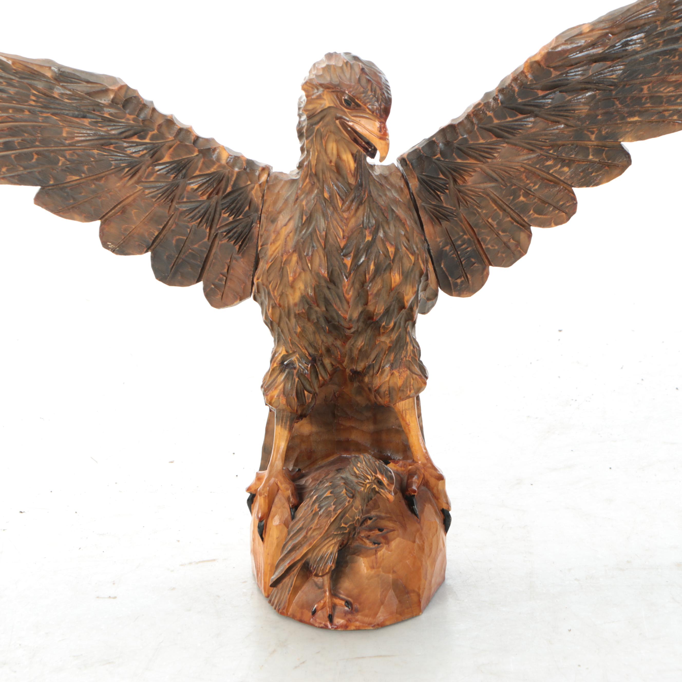 Hand-Carved Folk Art Style Wooden Eagle with Fledgling Sculpture
