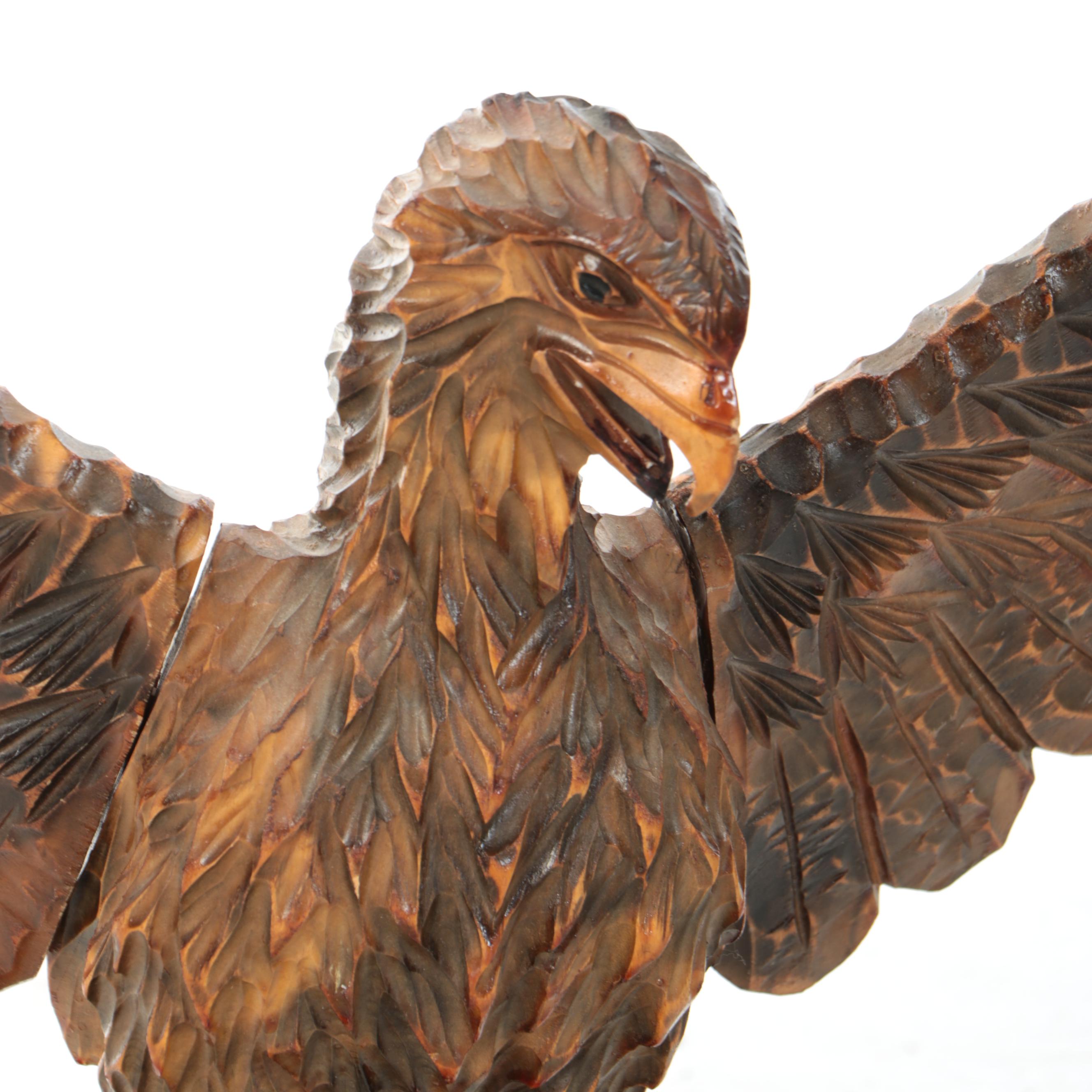 Hand-Carved Folk Art Style Wooden Eagle with Fledgling Sculpture