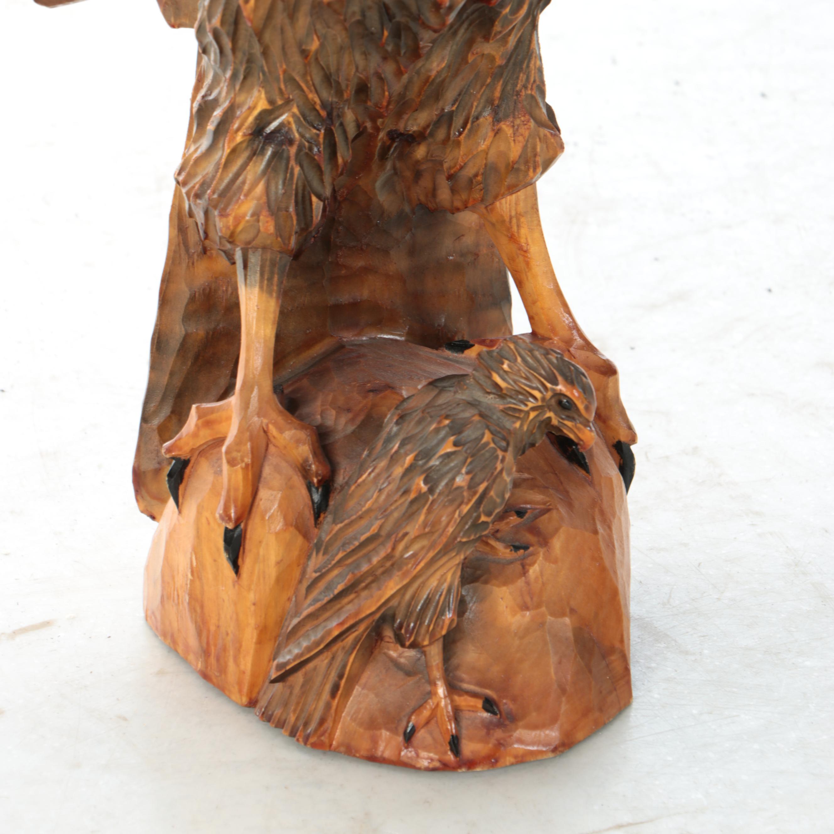 Hand-Carved Folk Art Style Wooden Eagle with Fledgling Sculpture