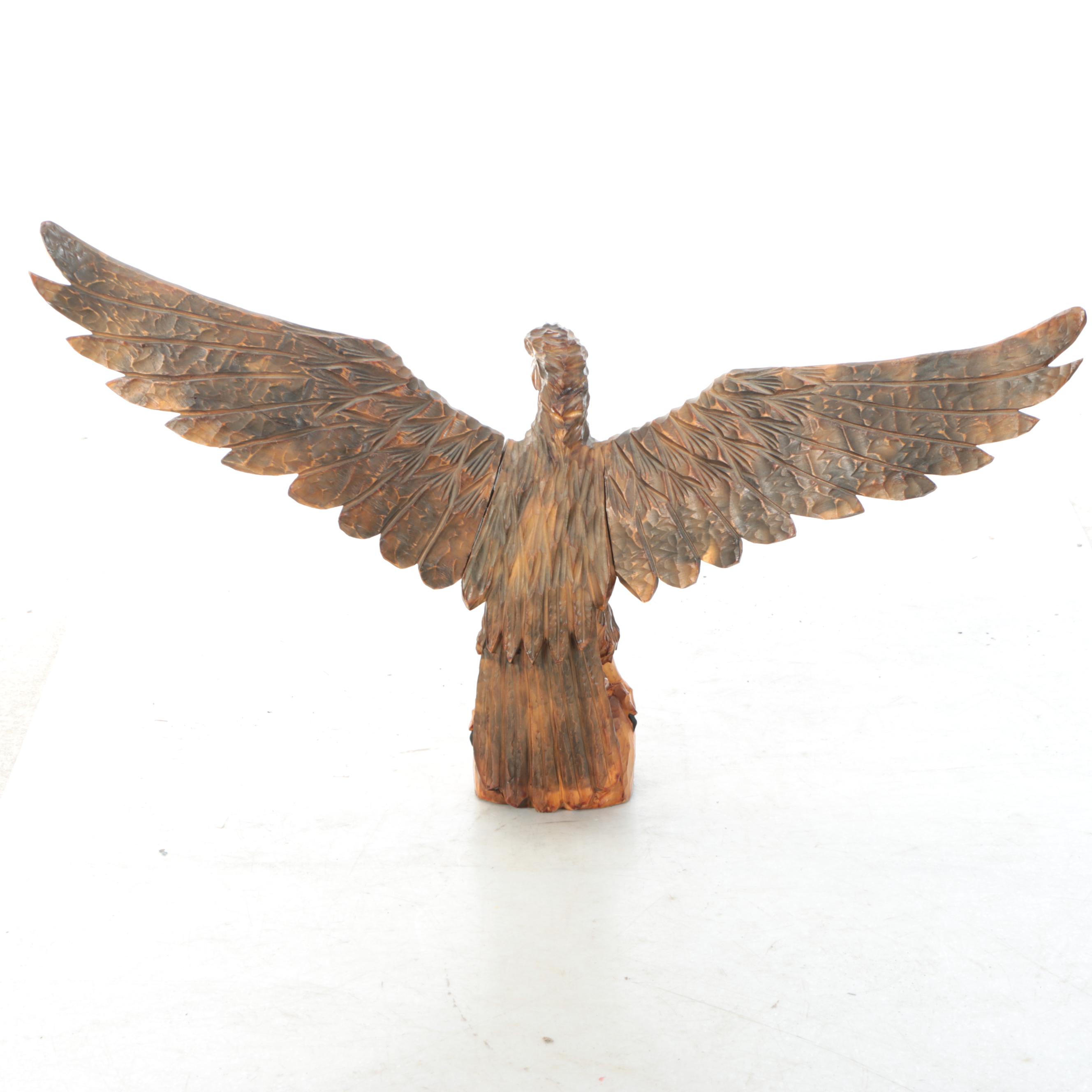Hand-Carved Folk Art Style Wooden Eagle with Fledgling Sculpture