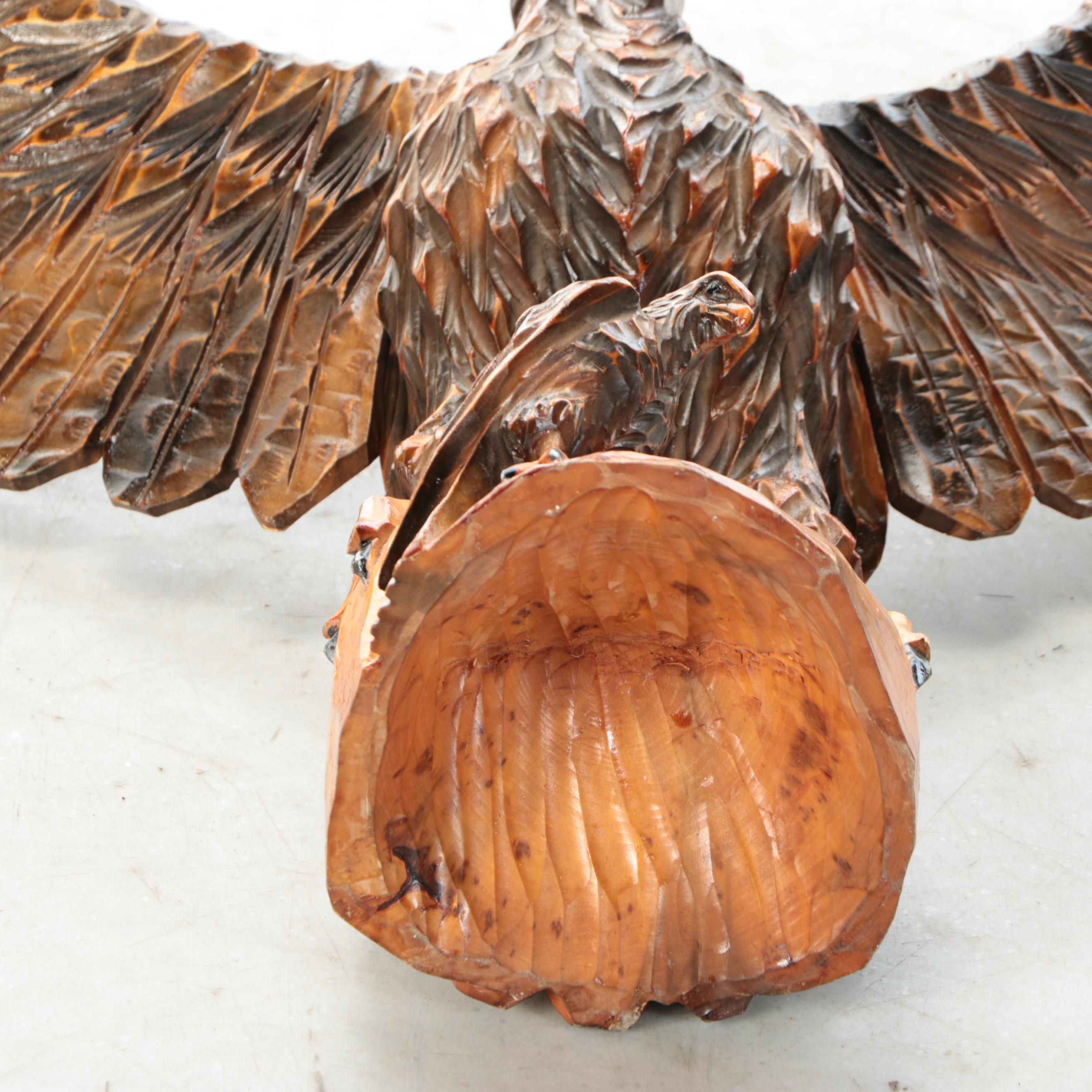 Hand-Carved Folk Art Style Wooden Eagle with Fledgling Sculpture