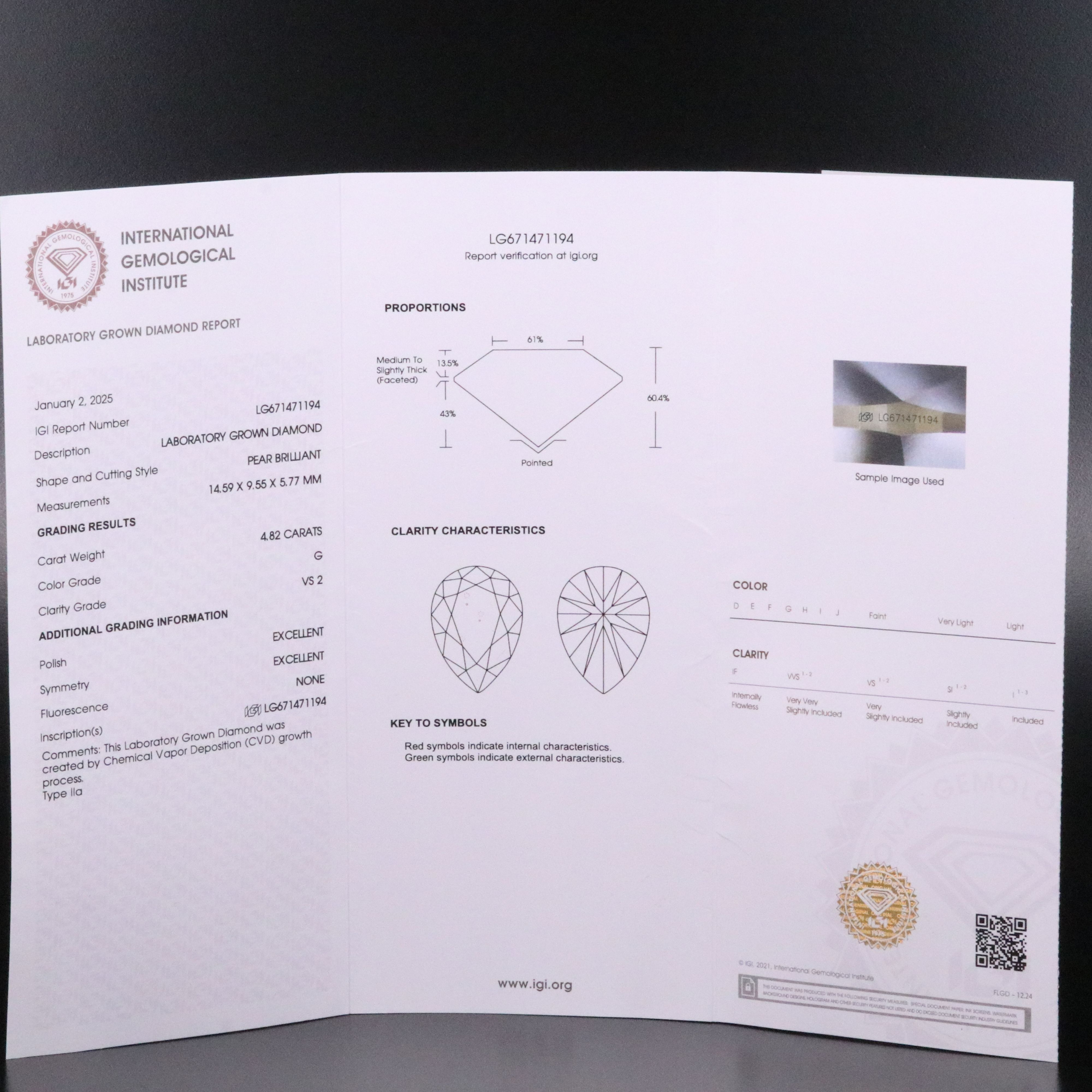 Loose 4.82 CT Lab Grown Diamond with IGI Report