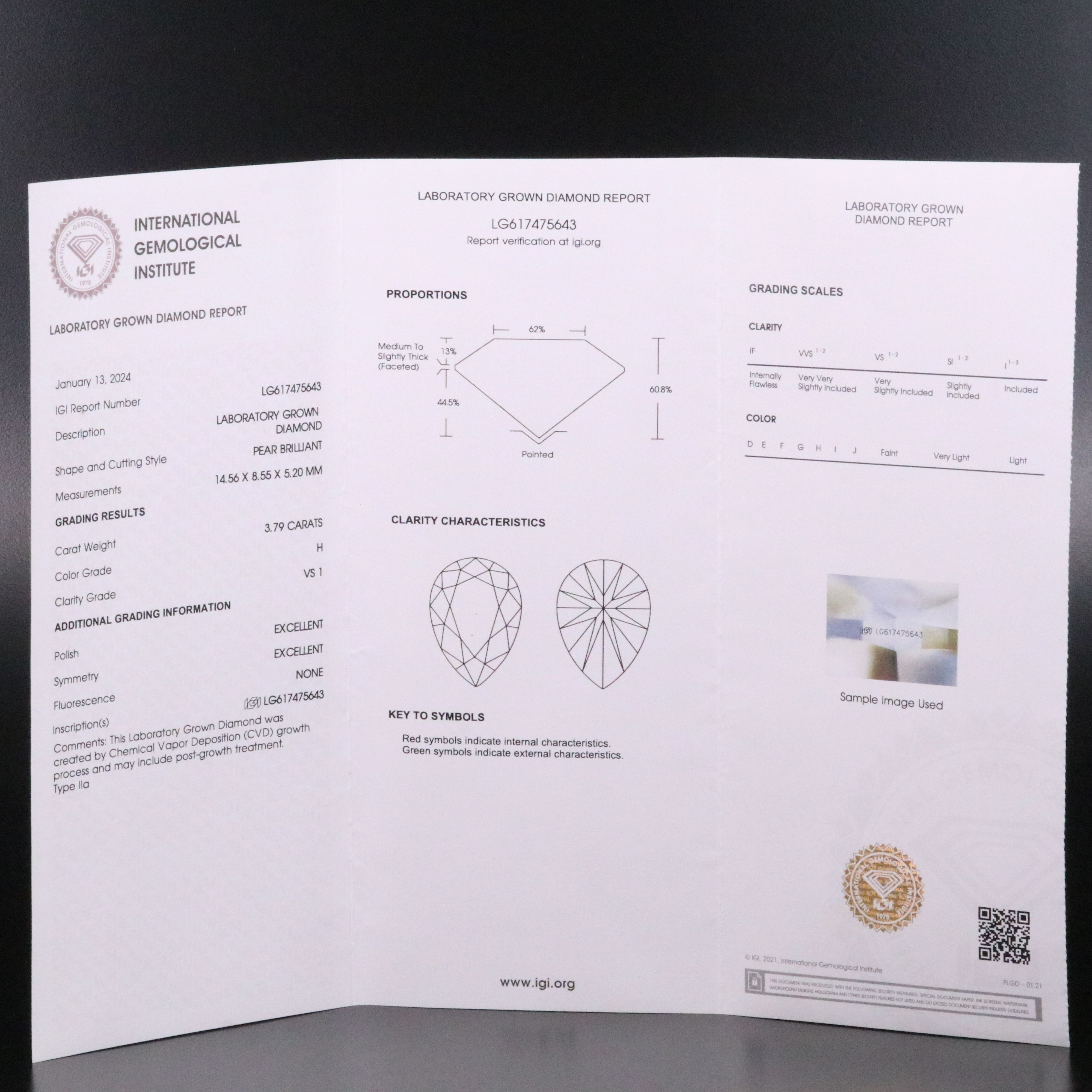 Loose 3.79 CT Lab Grown Diamond with IGI Report