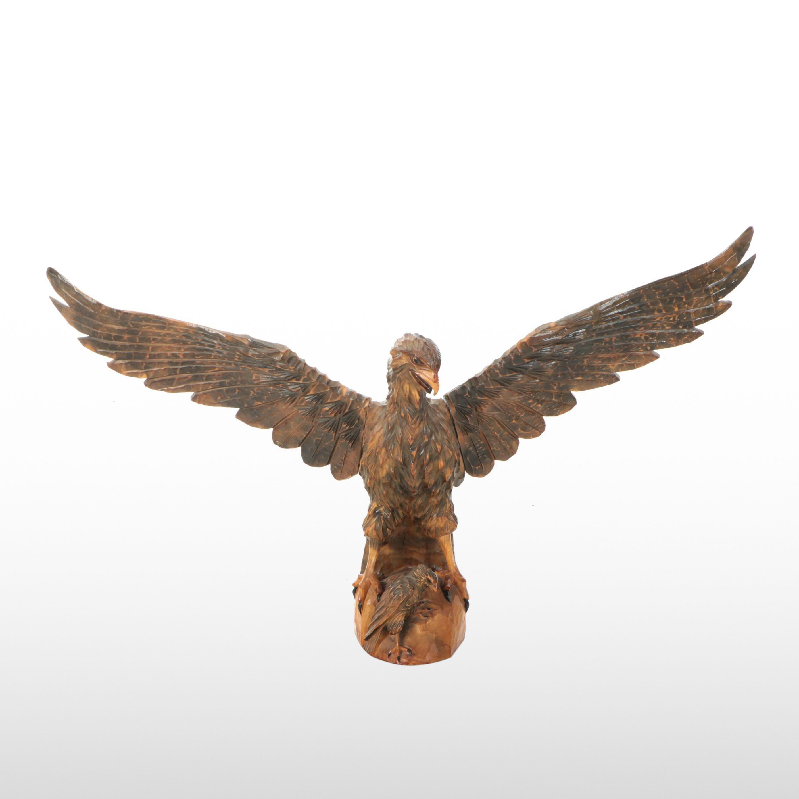 Hand-Carved Folk Art Style Wooden Eagle with Fledgling Sculpture