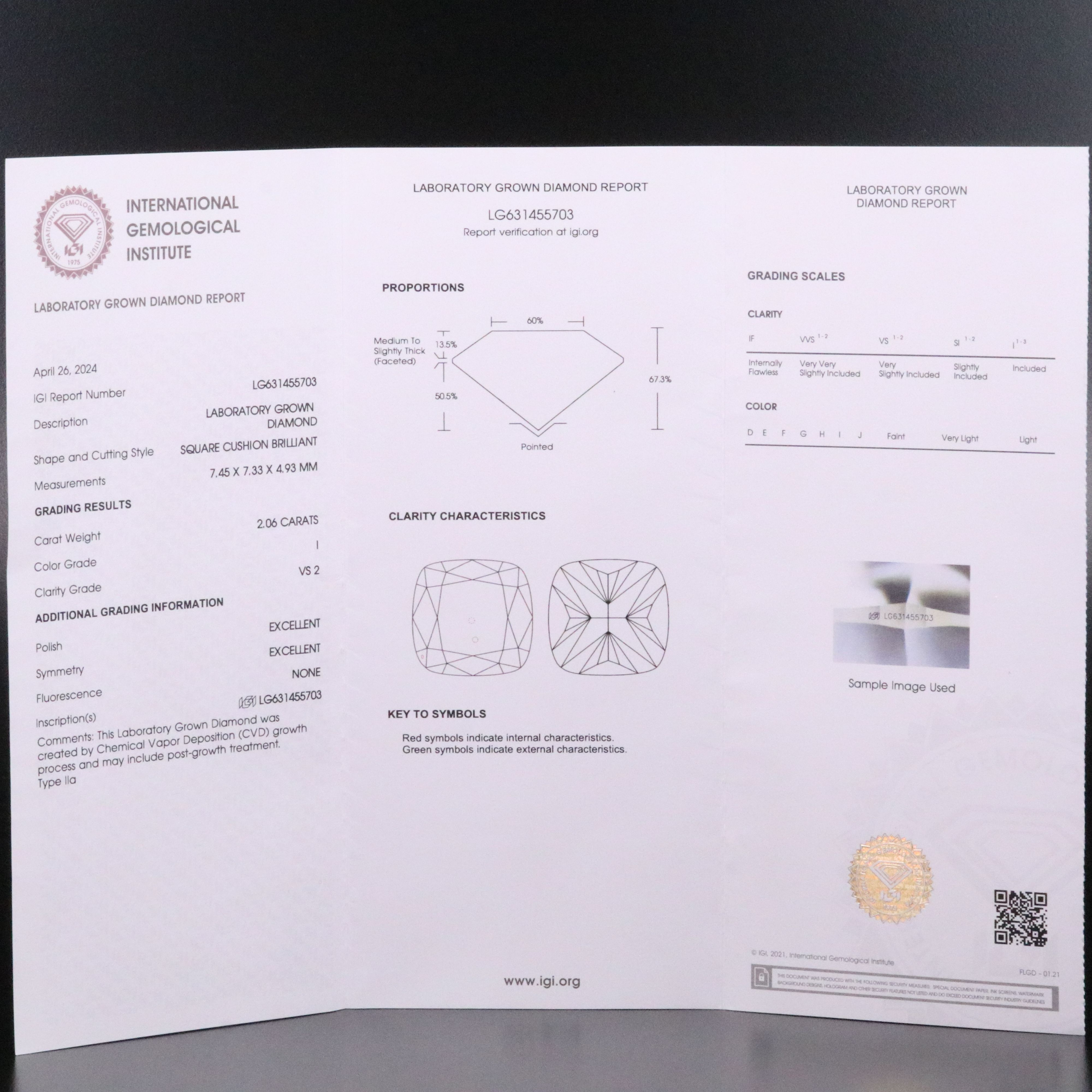 Loose 2.06 CT Lab Grown Diamond with IGI Report