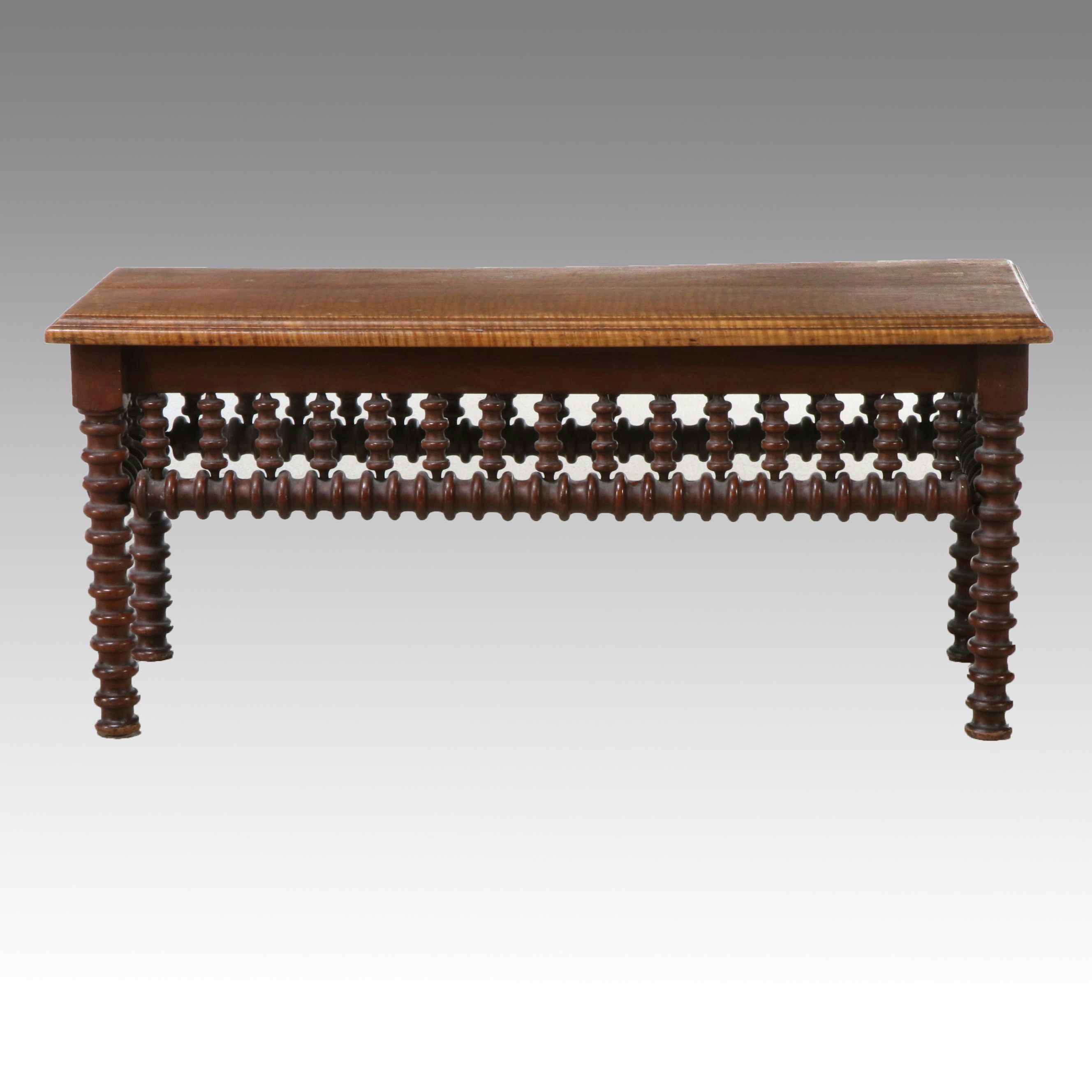 Art & Crafts Style Walnut Spindle Carved Low Table with Tiger Maple Top