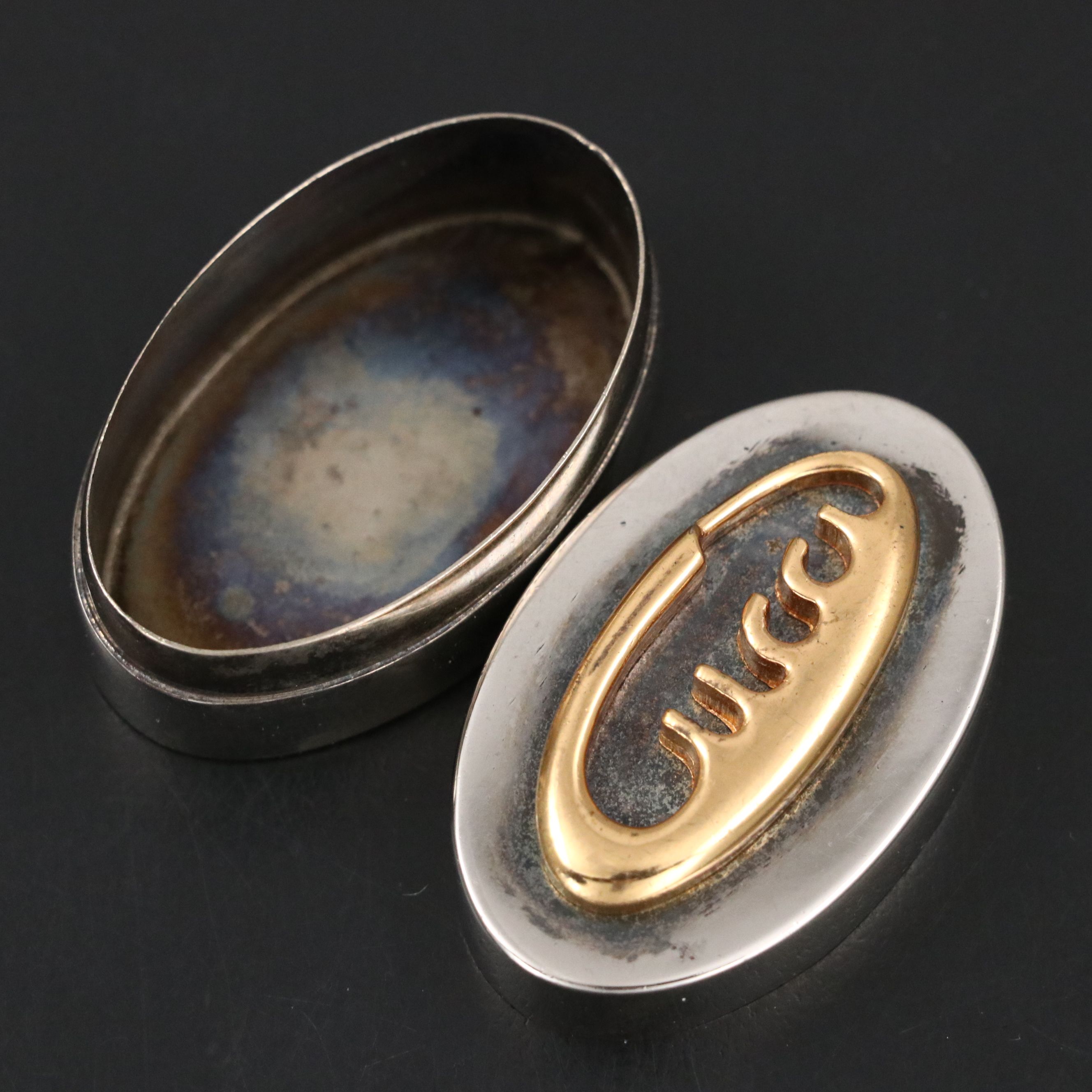 Gucci Italian Gilt Silver Plate Two Tone Pill Box, 1980s