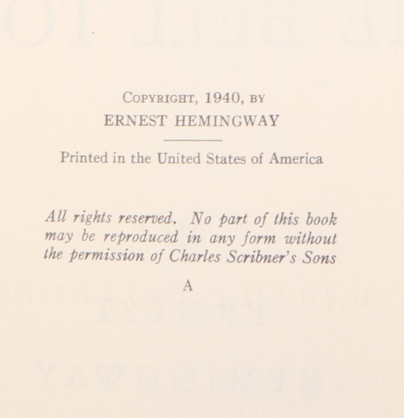First Edition "For Whom the Bell Tolls" by Ernest Hemingway, 1940